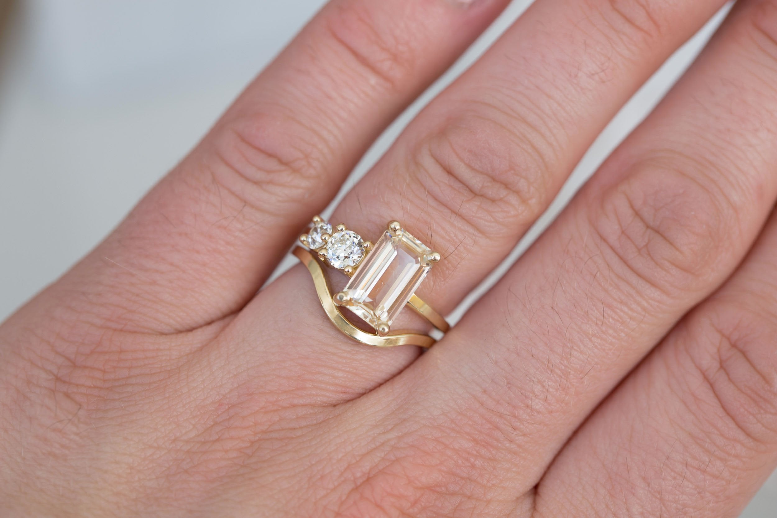 Fern Ring | Apricot Emerald Cut Sapphire + Antique Diamonds Engagement Ring 3.12 ct | 14k Recycled Gold | One of a Kind