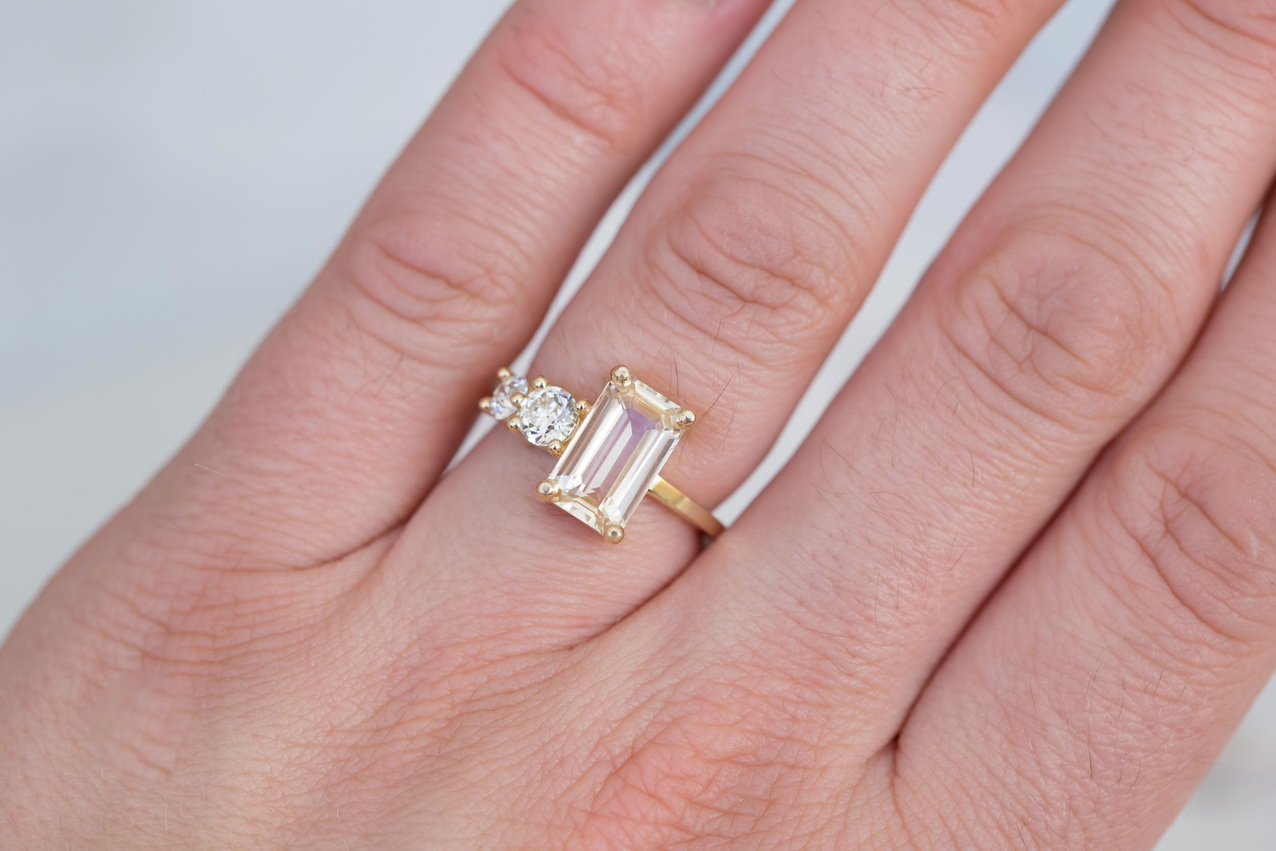 Fern Ring | Apricot Emerald Cut Sapphire + Antique Diamonds Engagement Ring 3.12 ct | 14k Recycled Gold | One of a Kind