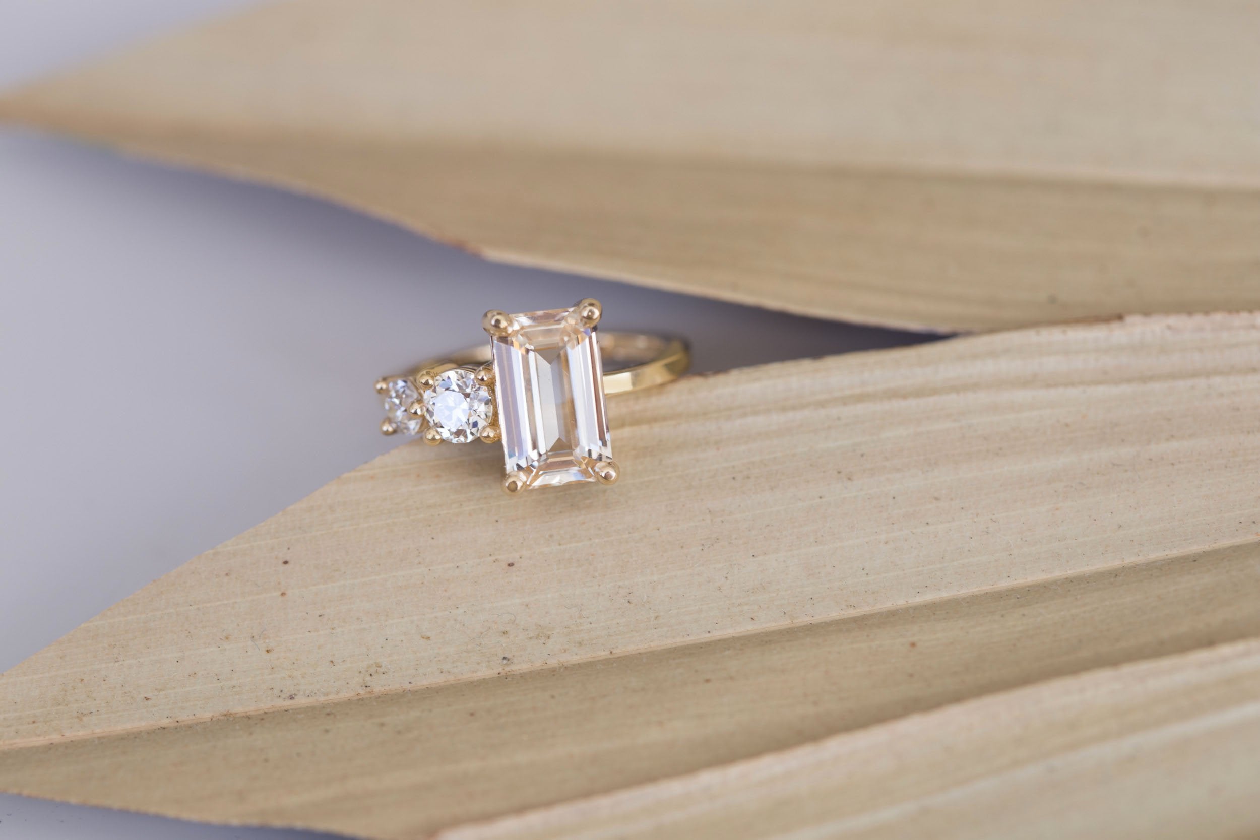 Fern Ring | Apricot Emerald Cut Sapphire + Antique Diamonds Engagement Ring 3.12 ct | 14k Recycled Gold | One of a Kind