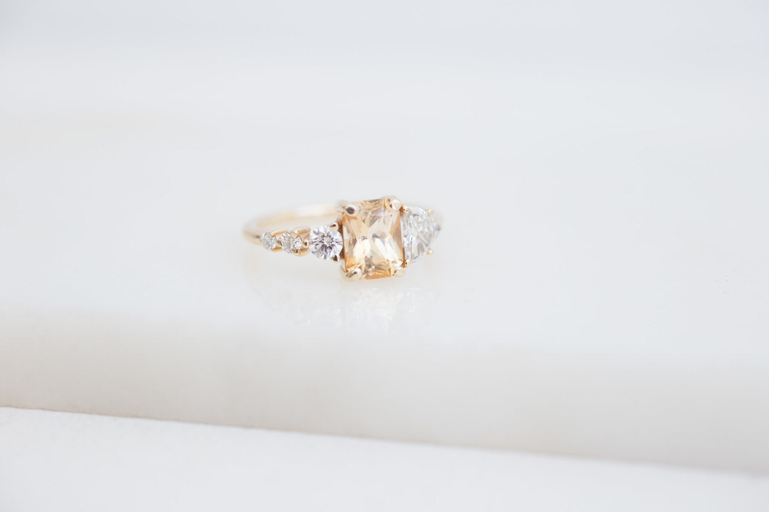 Apricot Ceylon Sapphire, Half Moon Diamond + Diamond Cluster Engagement Ring | 14k Recycled Gold | One of a Kind