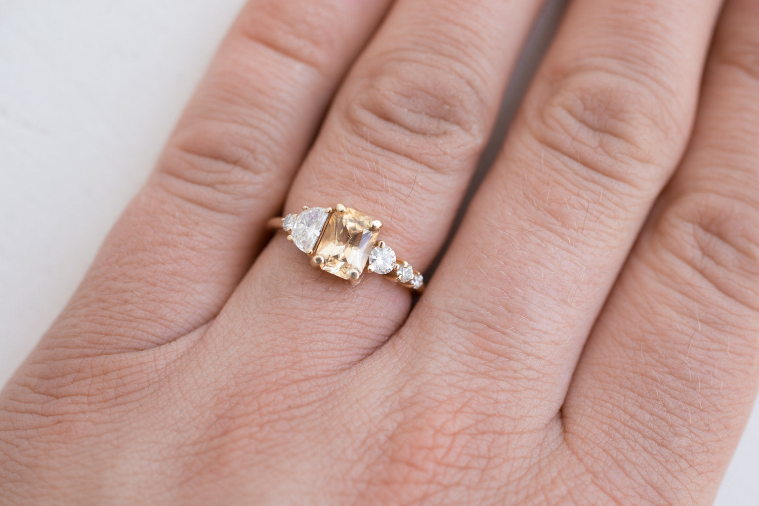 Apricot Ceylon Sapphire, Half Moon Diamond + Diamond Cluster Engagement Ring | 14k Recycled Gold | One of a Kind