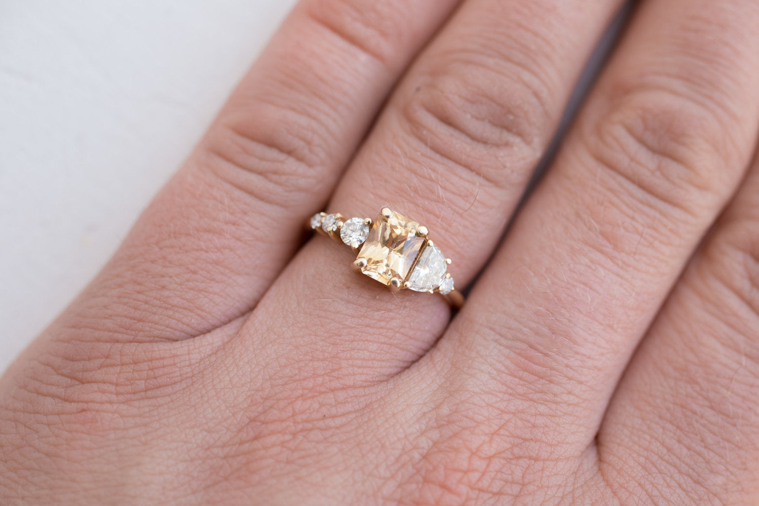 Apricot Ceylon Sapphire, Half Moon Diamond + Diamond Cluster Engagement Ring | 14k Recycled Gold | One of a Kind