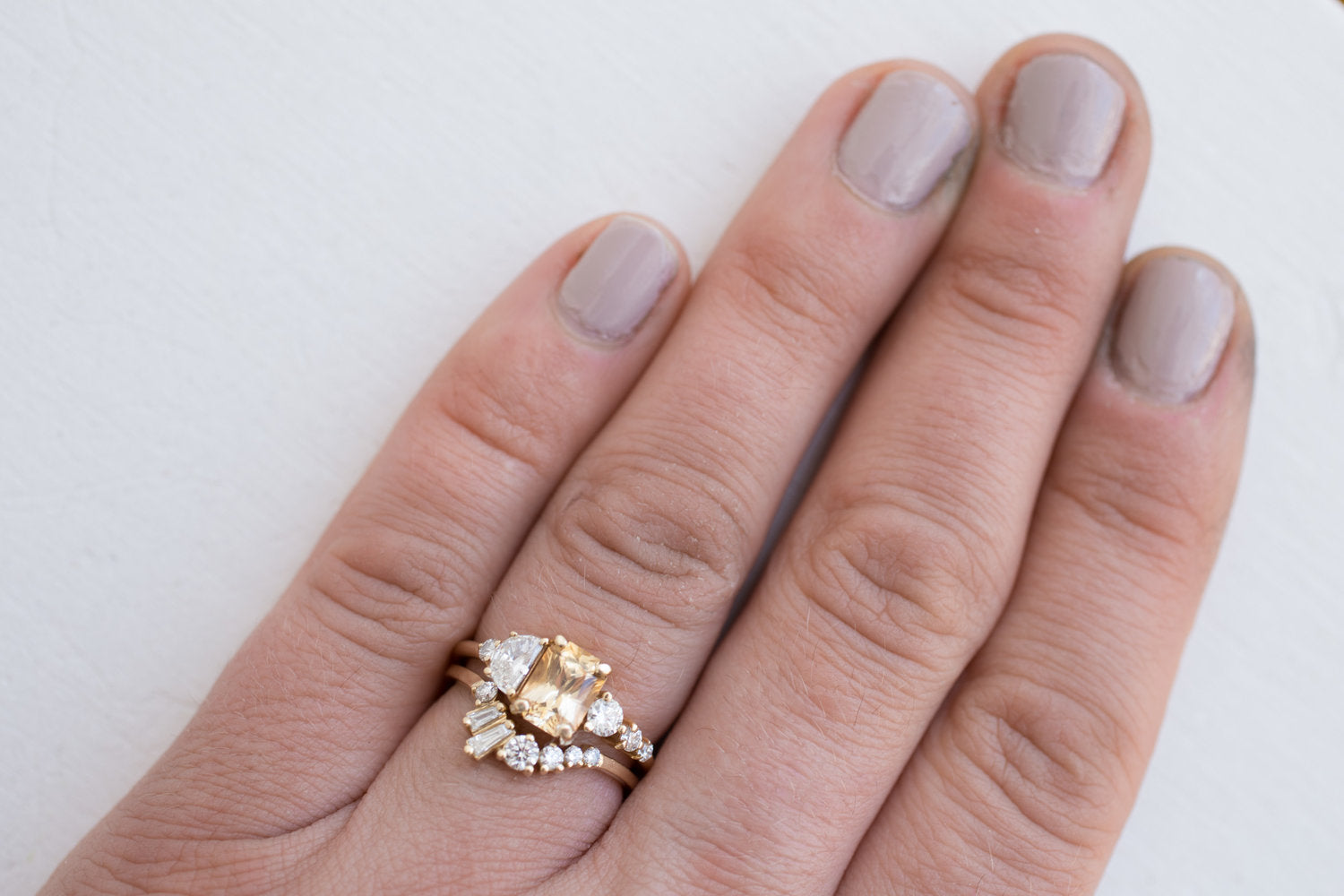 Apricot Ceylon Sapphire, Half Moon Diamond + Diamond Cluster Engagement Ring | 14k Recycled Gold | One of a Kind