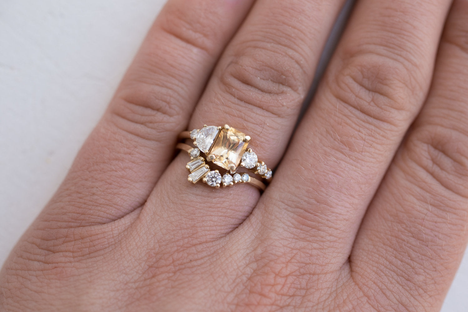 Apricot Ceylon Sapphire, Half Moon Diamond + Diamond Cluster Engagement Ring | 14k Recycled Gold | One of a Kind
