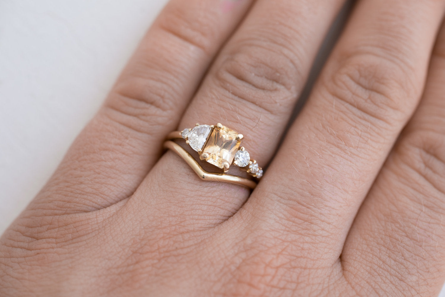 Apricot Ceylon Sapphire, Half Moon Diamond + Diamond Cluster Engagement Ring | 14k Recycled Gold | One of a Kind