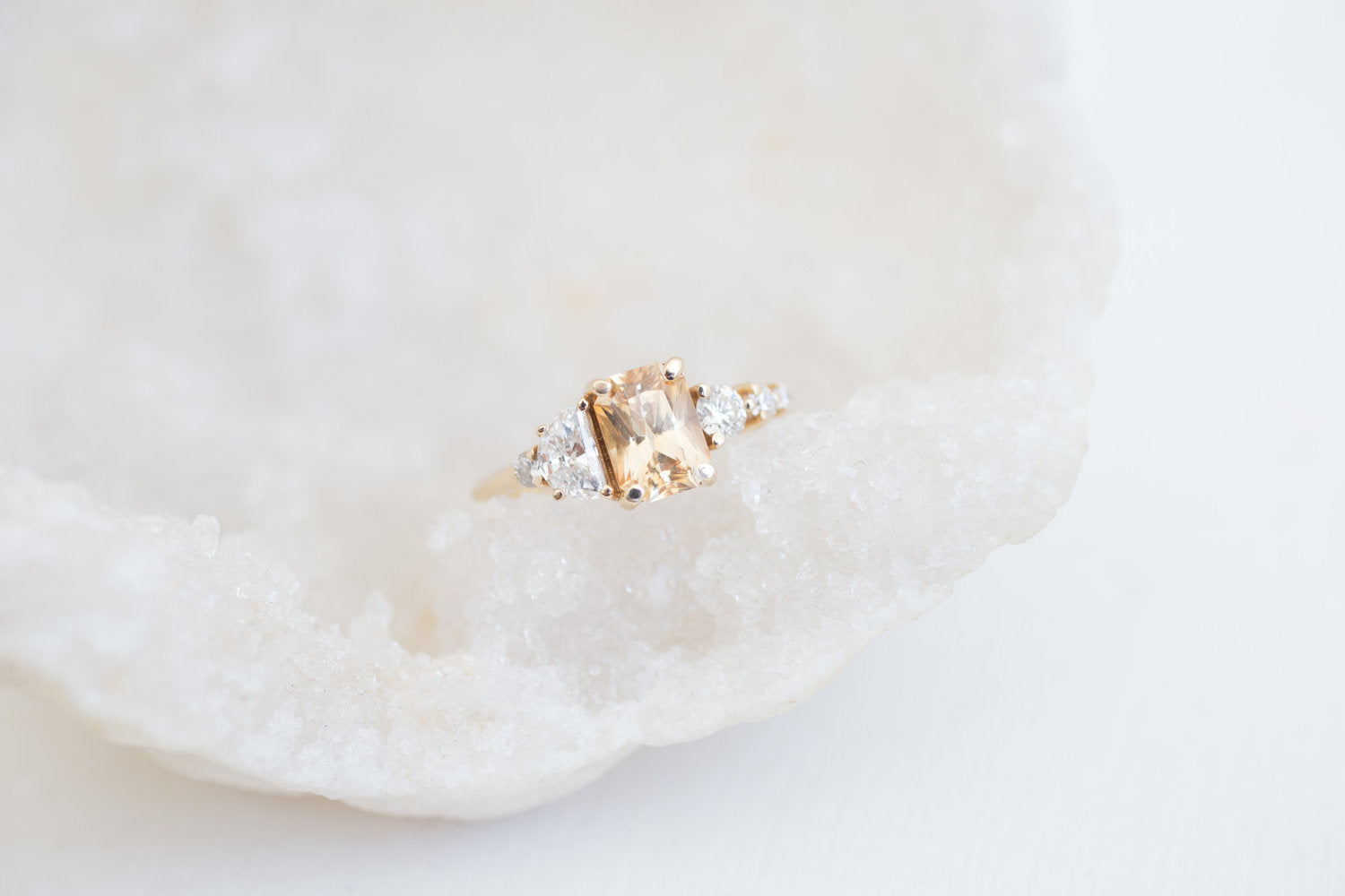 Apricot Ceylon Sapphire, Half Moon Diamond + Diamond Cluster Engagement Ring | 14k Recycled Gold | One of a Kind