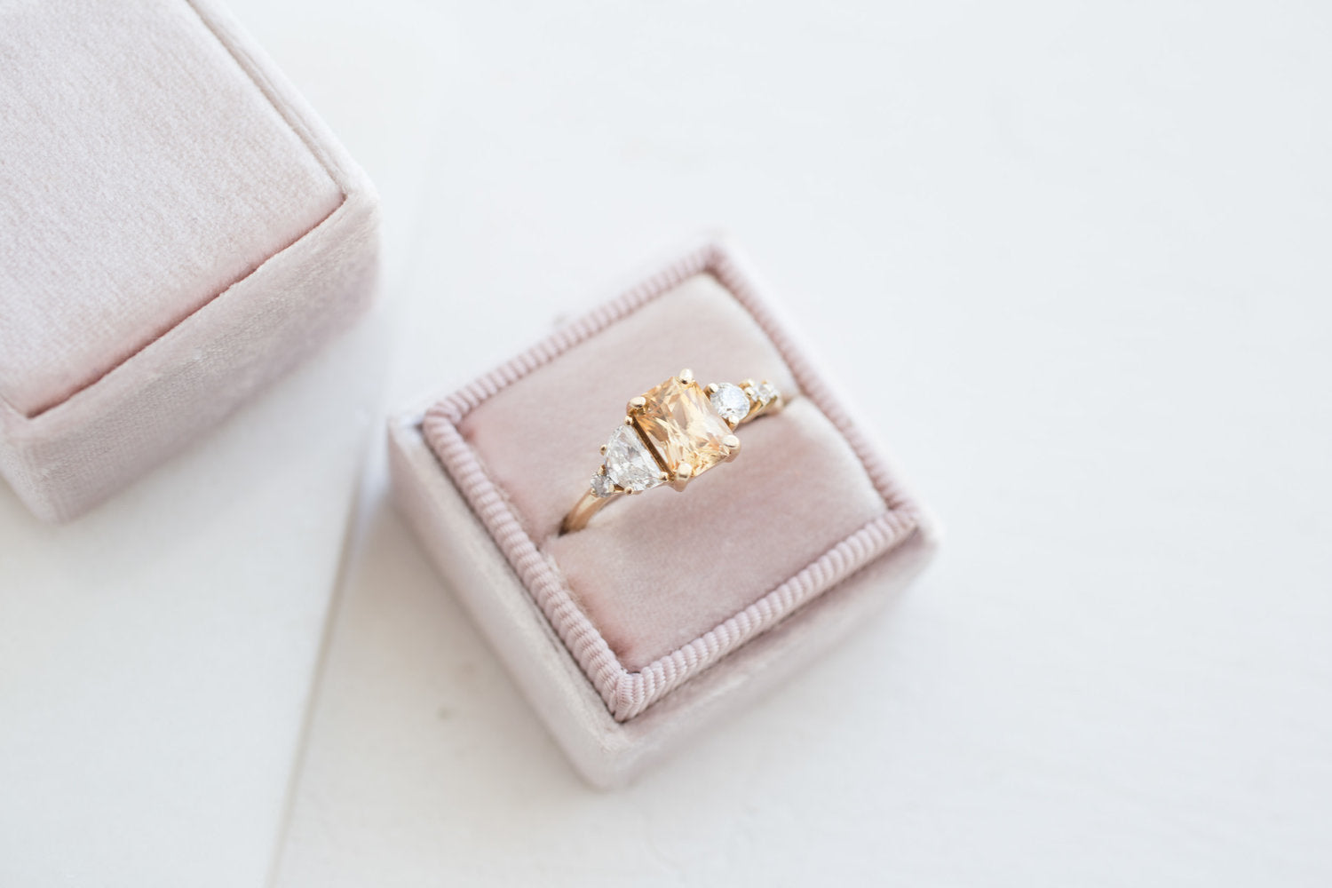 Apricot Ceylon Sapphire, Half Moon Diamond + Diamond Cluster Engagement Ring | 14k Recycled Gold | One of a Kind