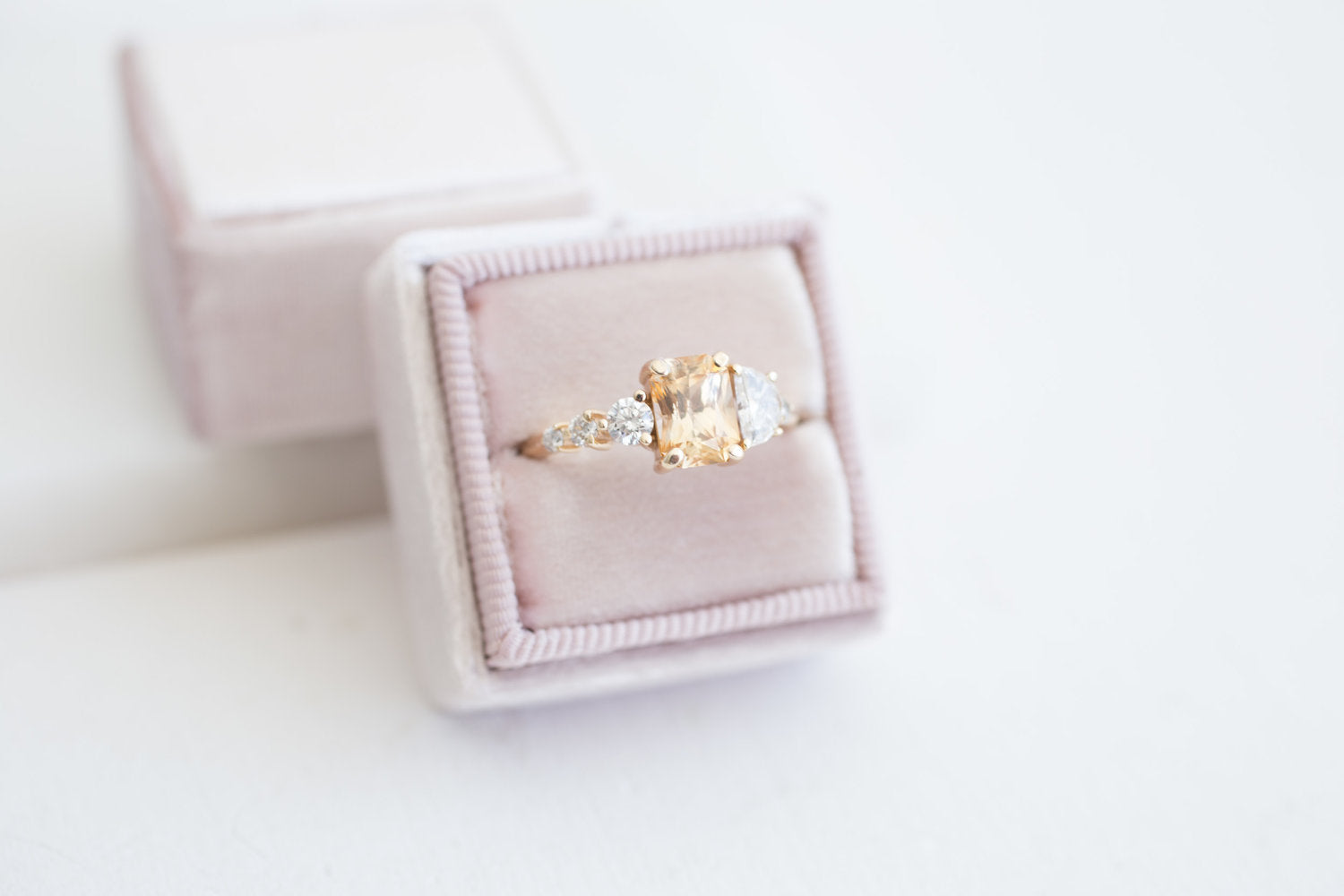 Apricot Ceylon Sapphire, Half Moon Diamond + Diamond Cluster Engagement Ring | 14k Recycled Gold | One of a Kind
