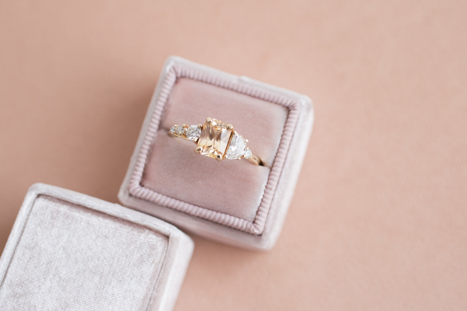 Apricot Ceylon Sapphire, Half Moon Diamond + Diamond Cluster Engagement Ring | 14k Recycled Gold | One of a Kind