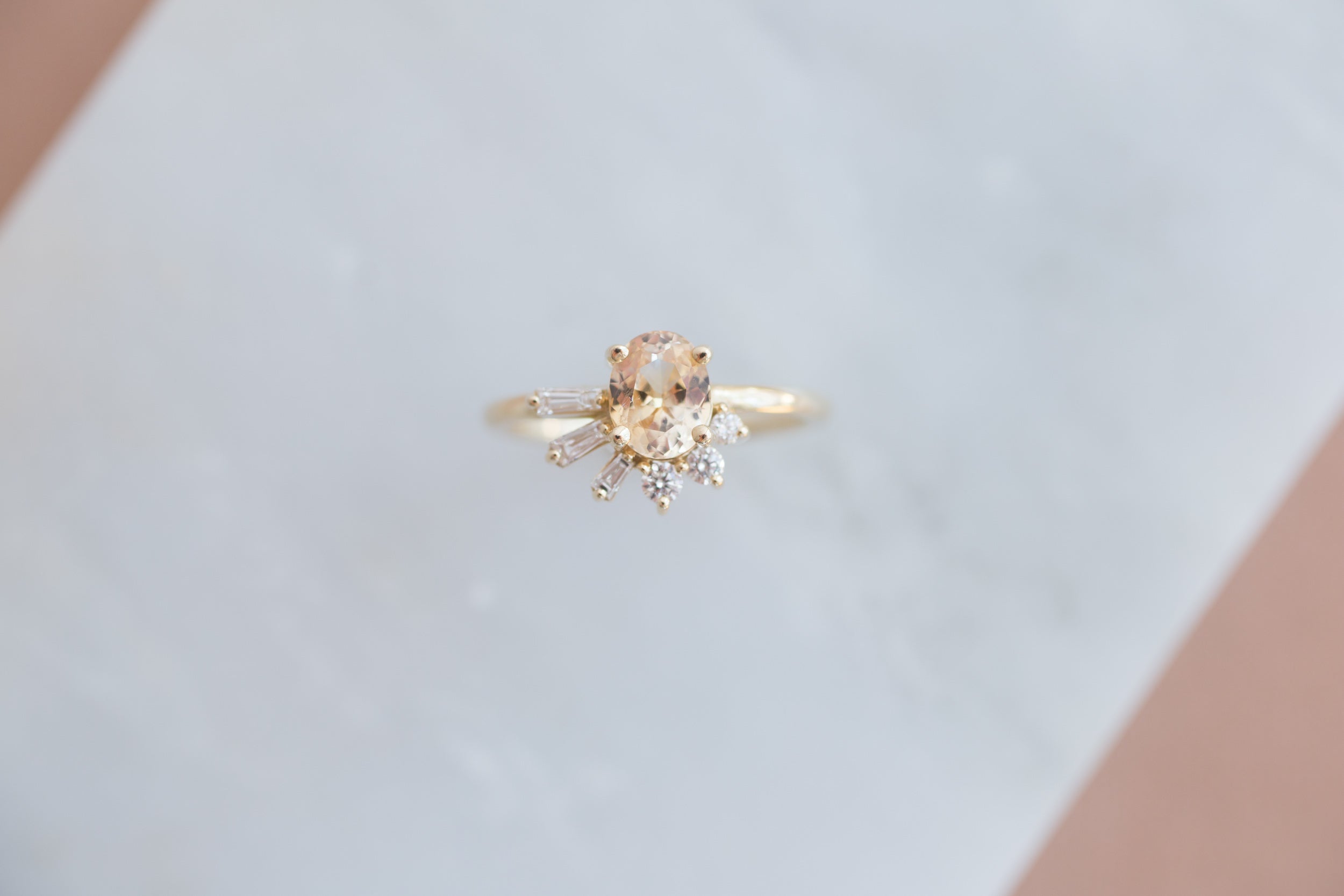 Sol Ring | Apricot Oval Sapphire + Baguette and Round Diamond Cluster Engagement Ring | 14k Recycled Gold | Limited Edition