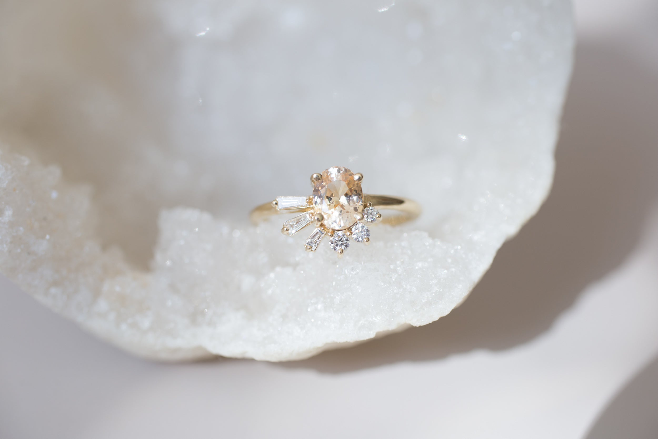 Sol Ring | Apricot Oval Sapphire + Baguette and Round Diamond Cluster Engagement Ring | 14k Recycled Gold | Limited Edition