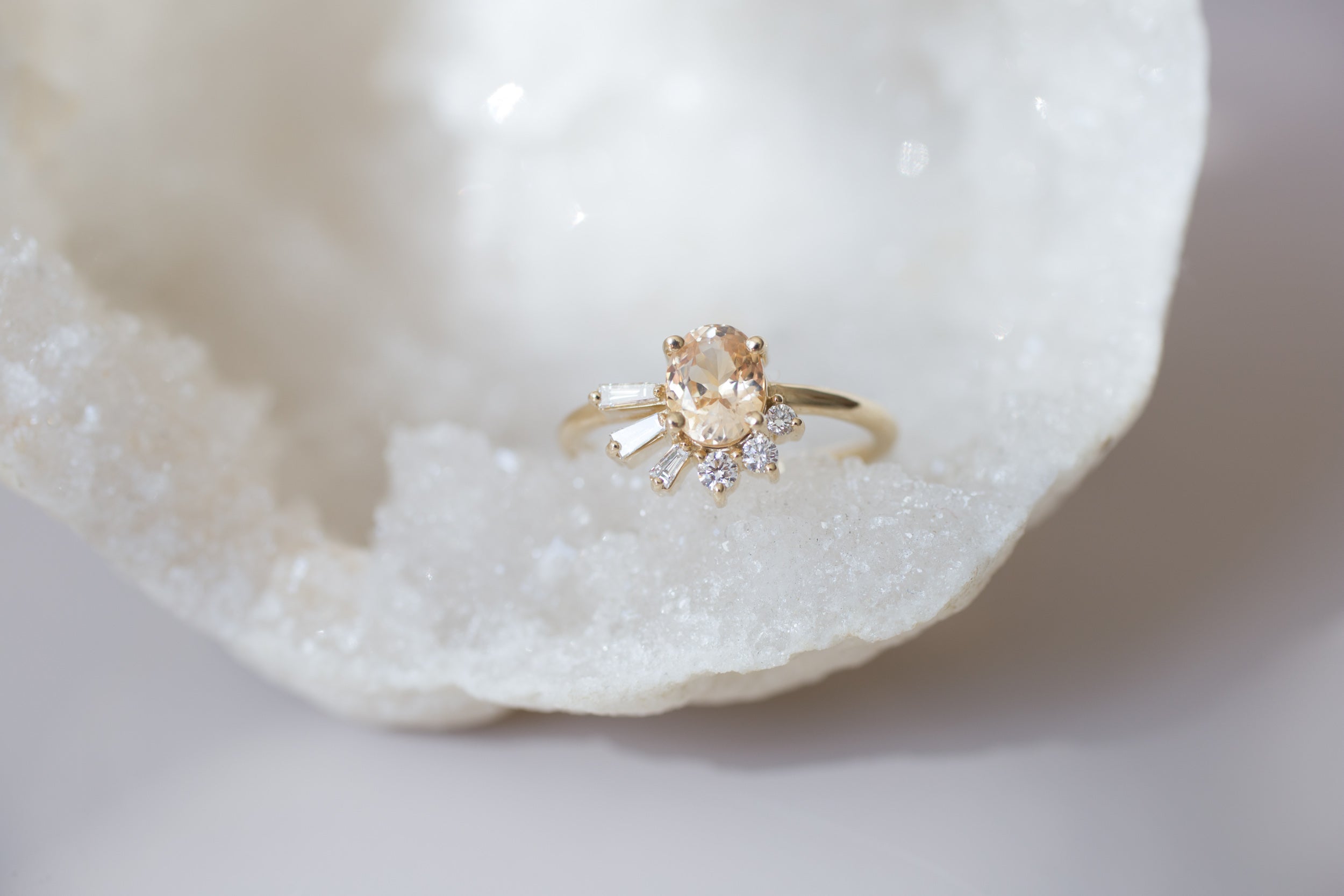 Sol Ring | Apricot Oval Sapphire + Baguette and Round Diamond Cluster Engagement Ring | 14k Recycled Gold | Limited Edition