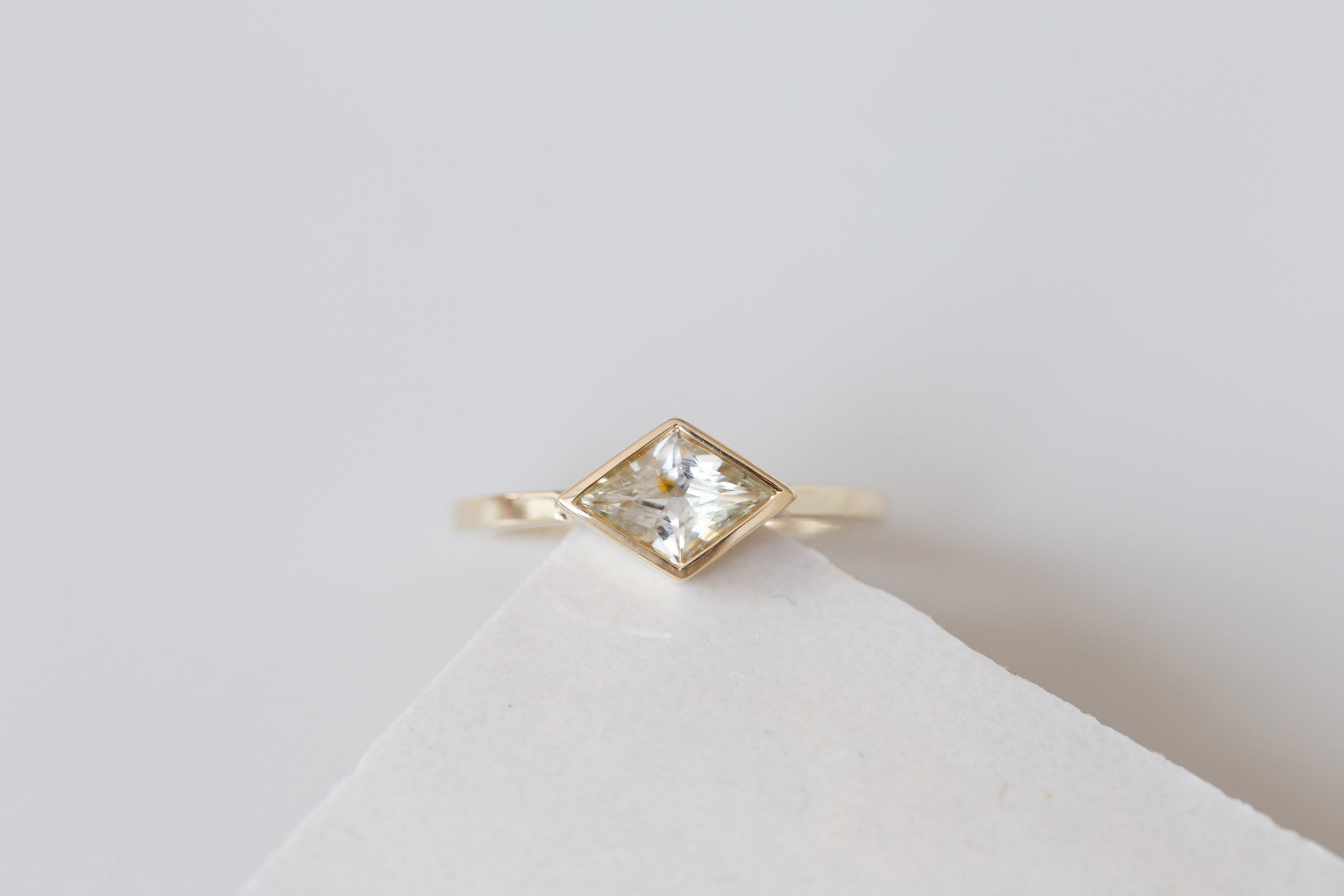 Avens Ring | Apricot Sapphire Rhombus Solitaire Engagement Ring | 14k Recycled Gold | One of a Kind