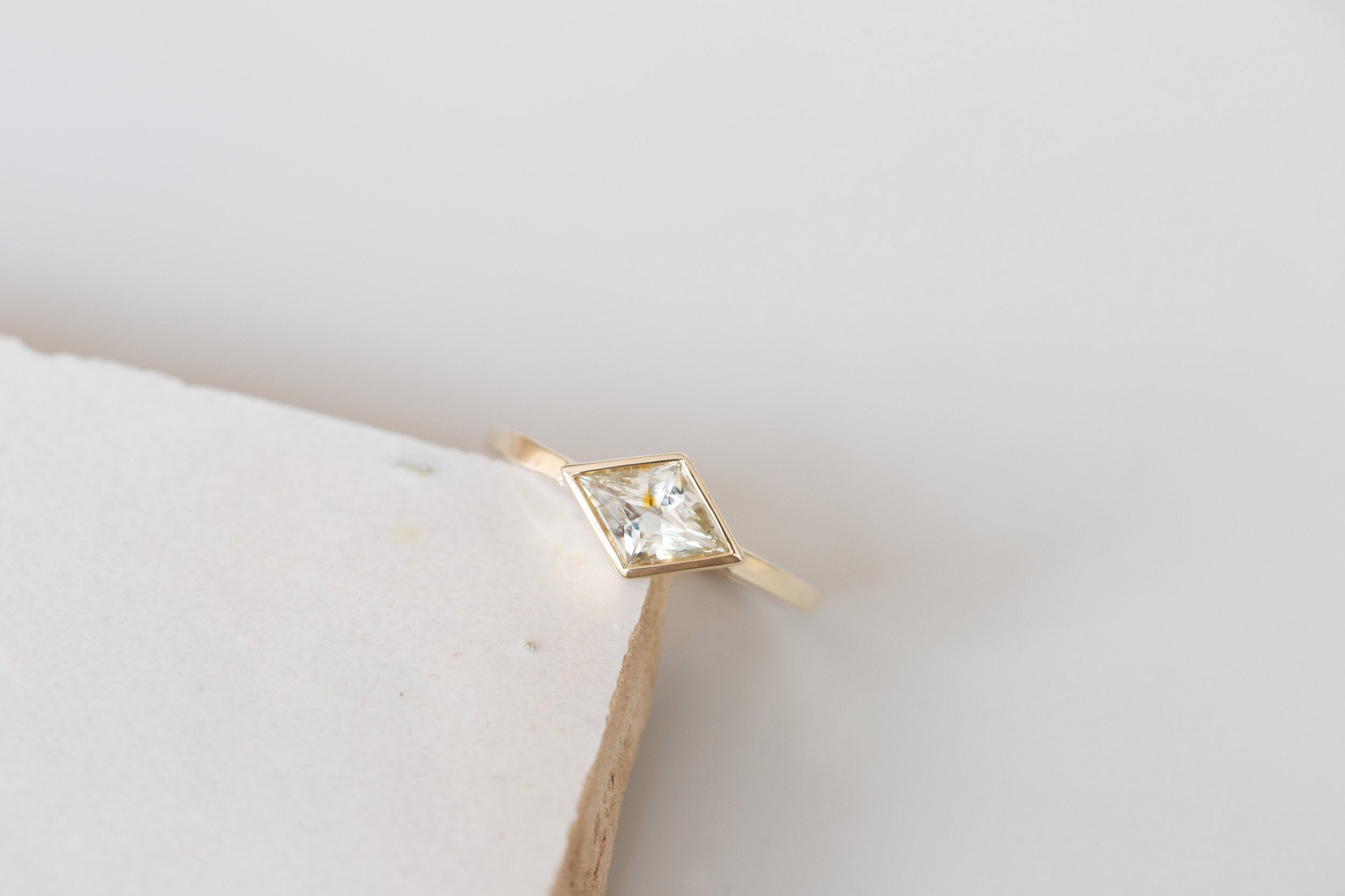Avens Ring | Apricot Sapphire Rhombus Solitaire Engagement Ring | 14k Recycled Gold | One of a Kind