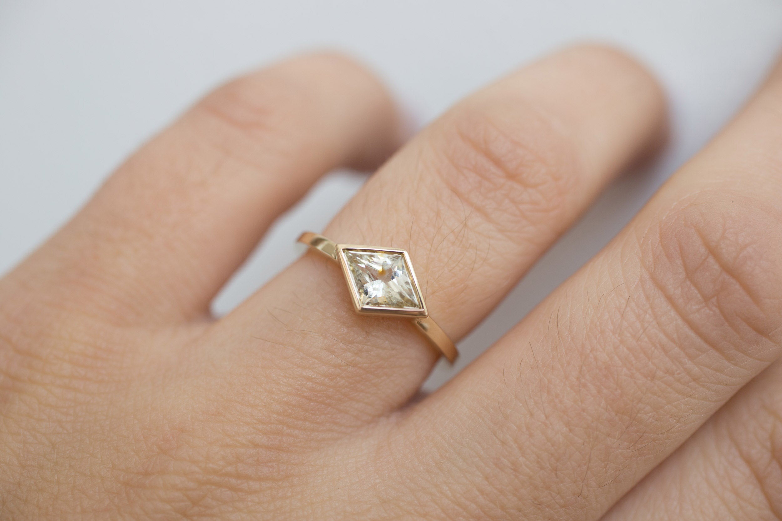 Avens Ring | Apricot Sapphire Rhombus Solitaire Engagement Ring | 14k Recycled Gold | One of a Kind
