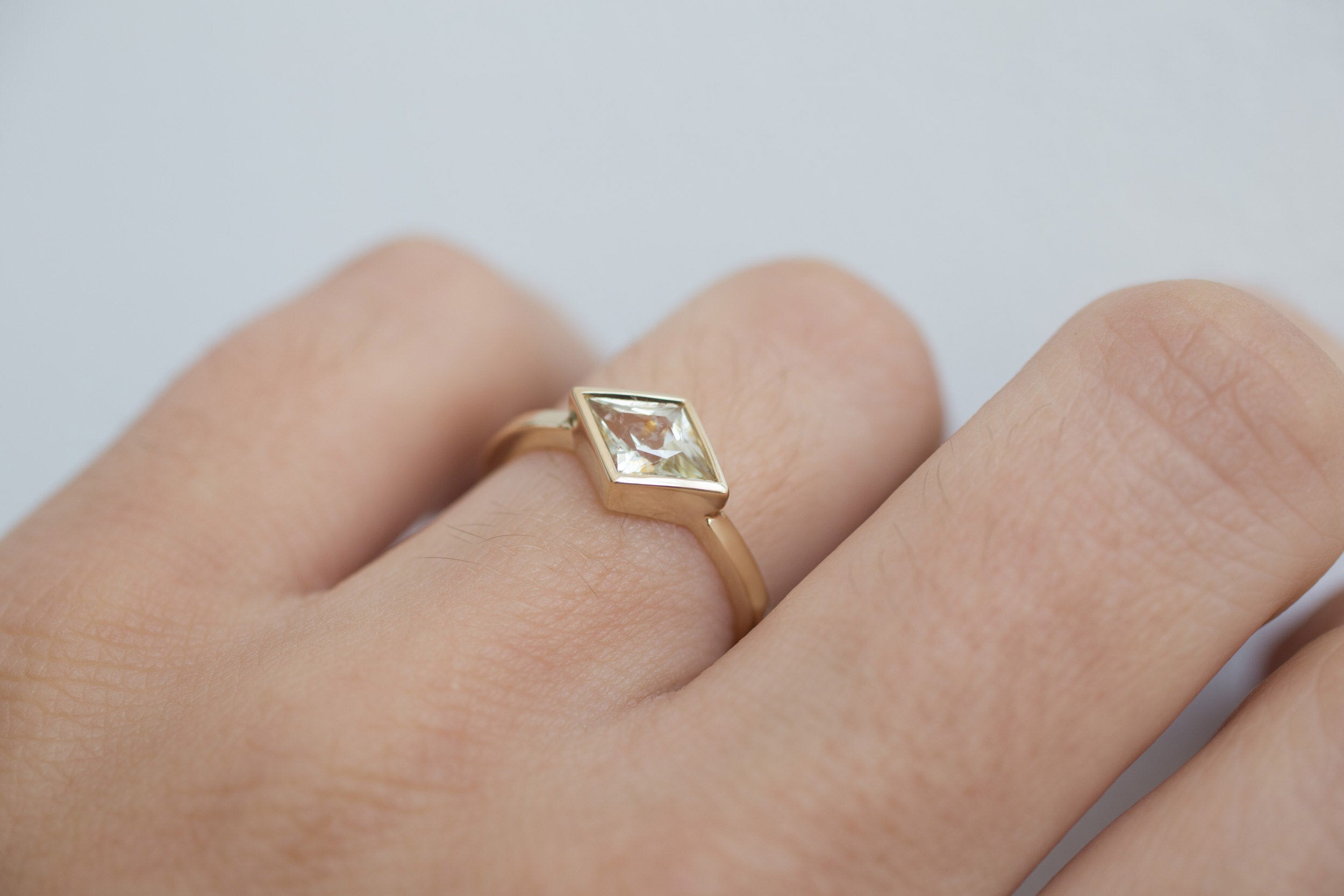 Avens Ring | Apricot Sapphire Rhombus Solitaire Engagement Ring | 14k Recycled Gold | One of a Kind