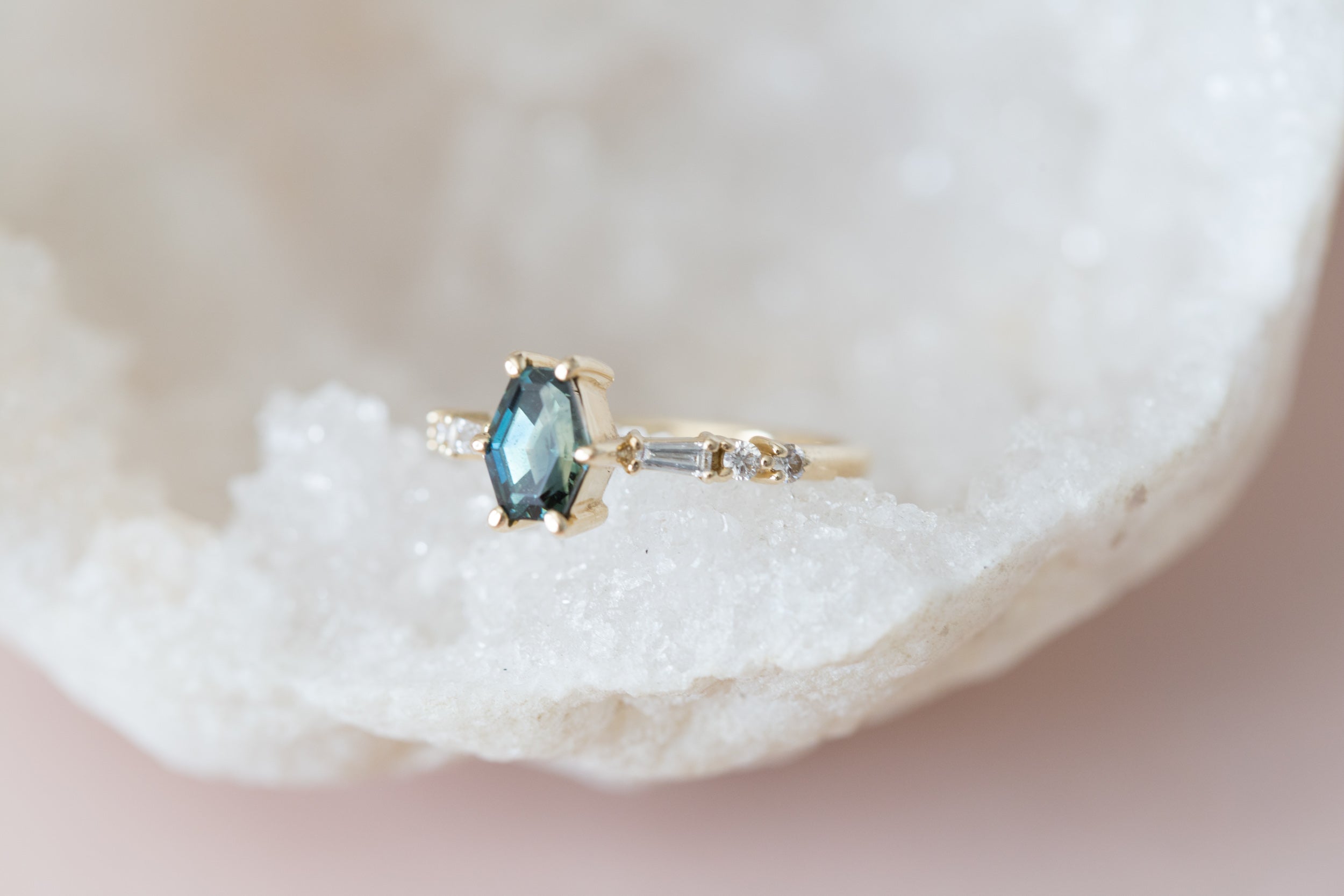 Bicolor Hexagonal Australian Sapphire + Diamond Ring | 14k Recycled Gold | One of a Kind