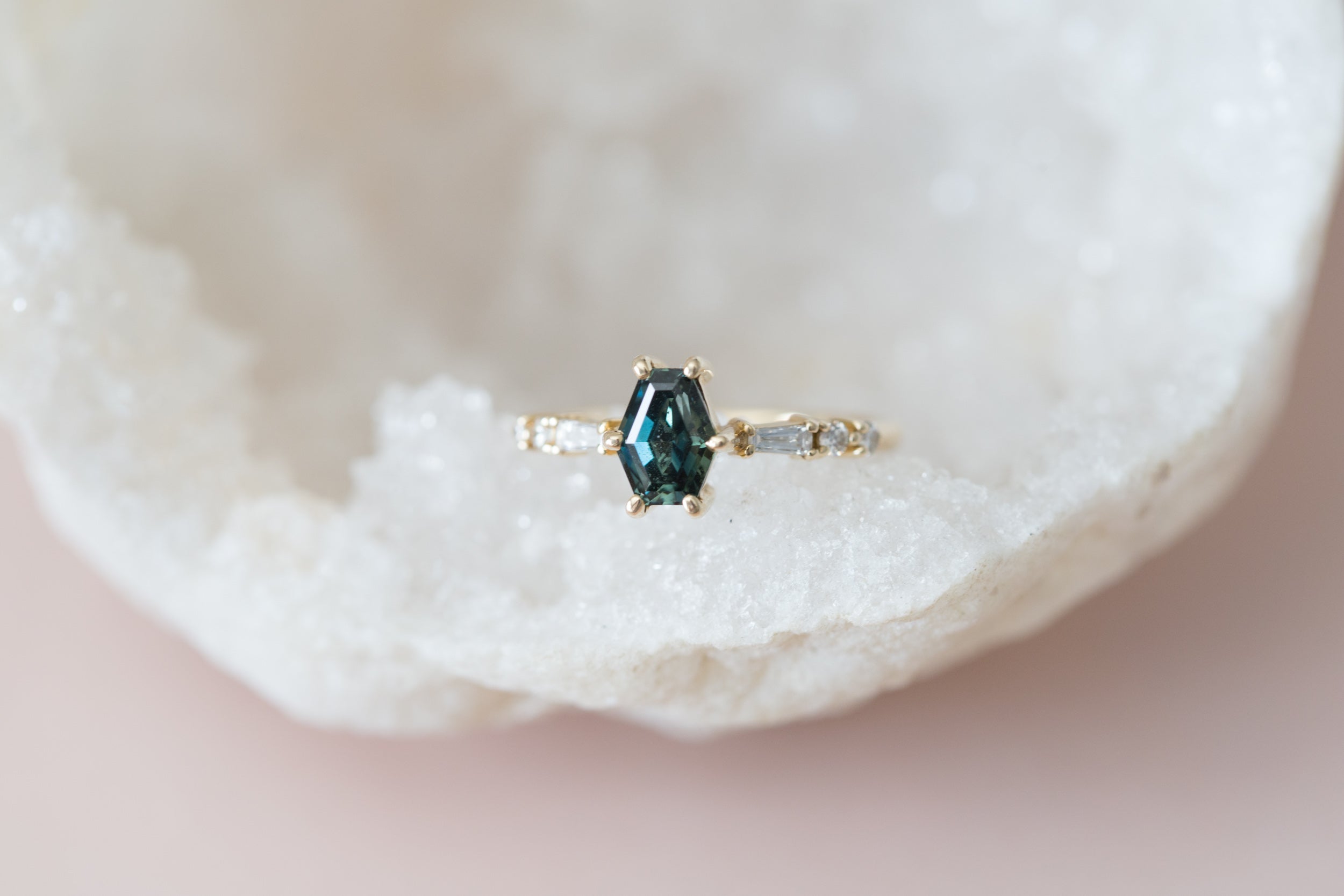 Bicolor Hexagonal Australian Sapphire + Diamond Ring | 14k Recycled Gold | One of a Kind