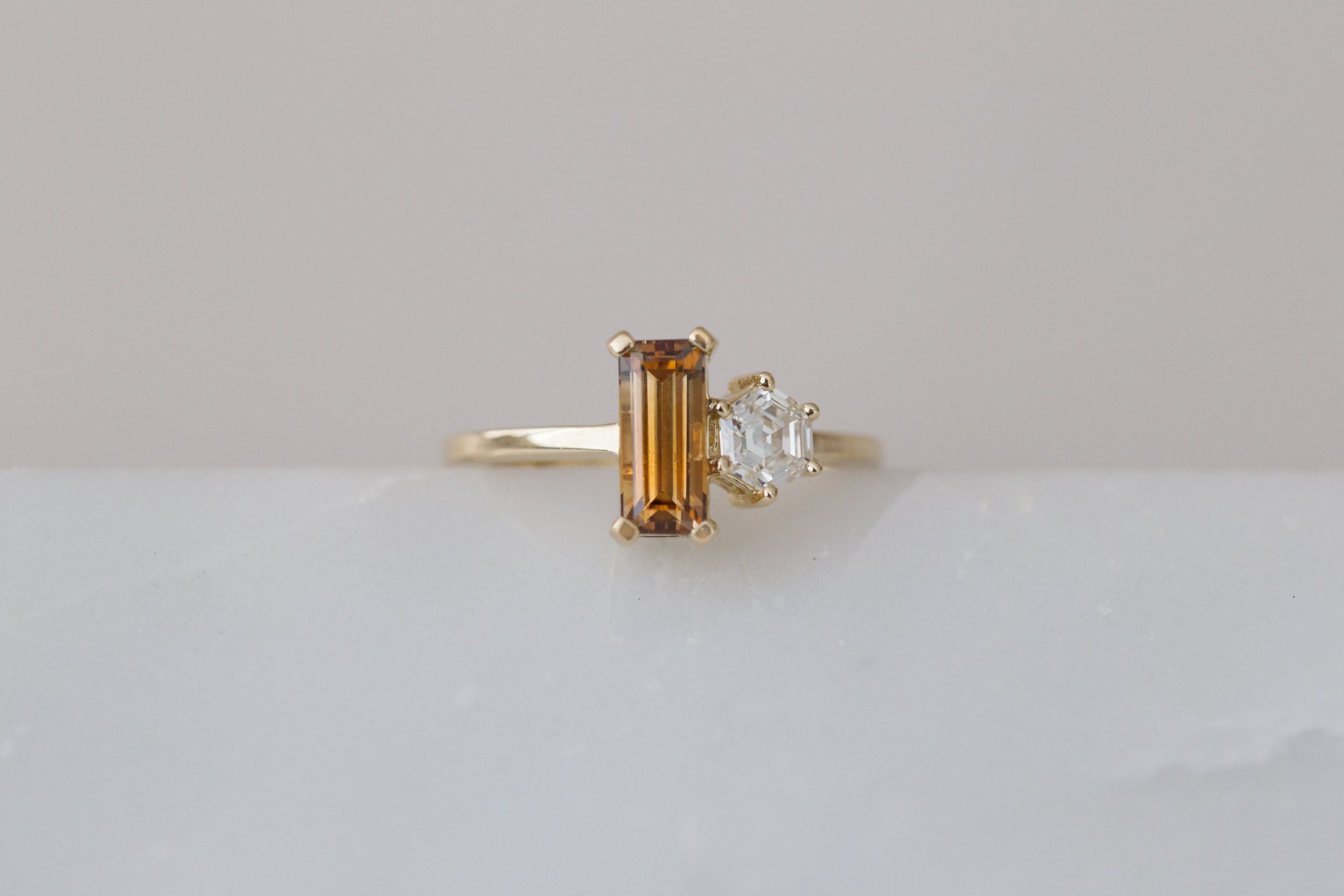 Liana Ring | Australian Bicolor Orange Sapphire + Antique Diamond Hexagon Engagement Ring | 14k Recycled Gold | One of a Kind