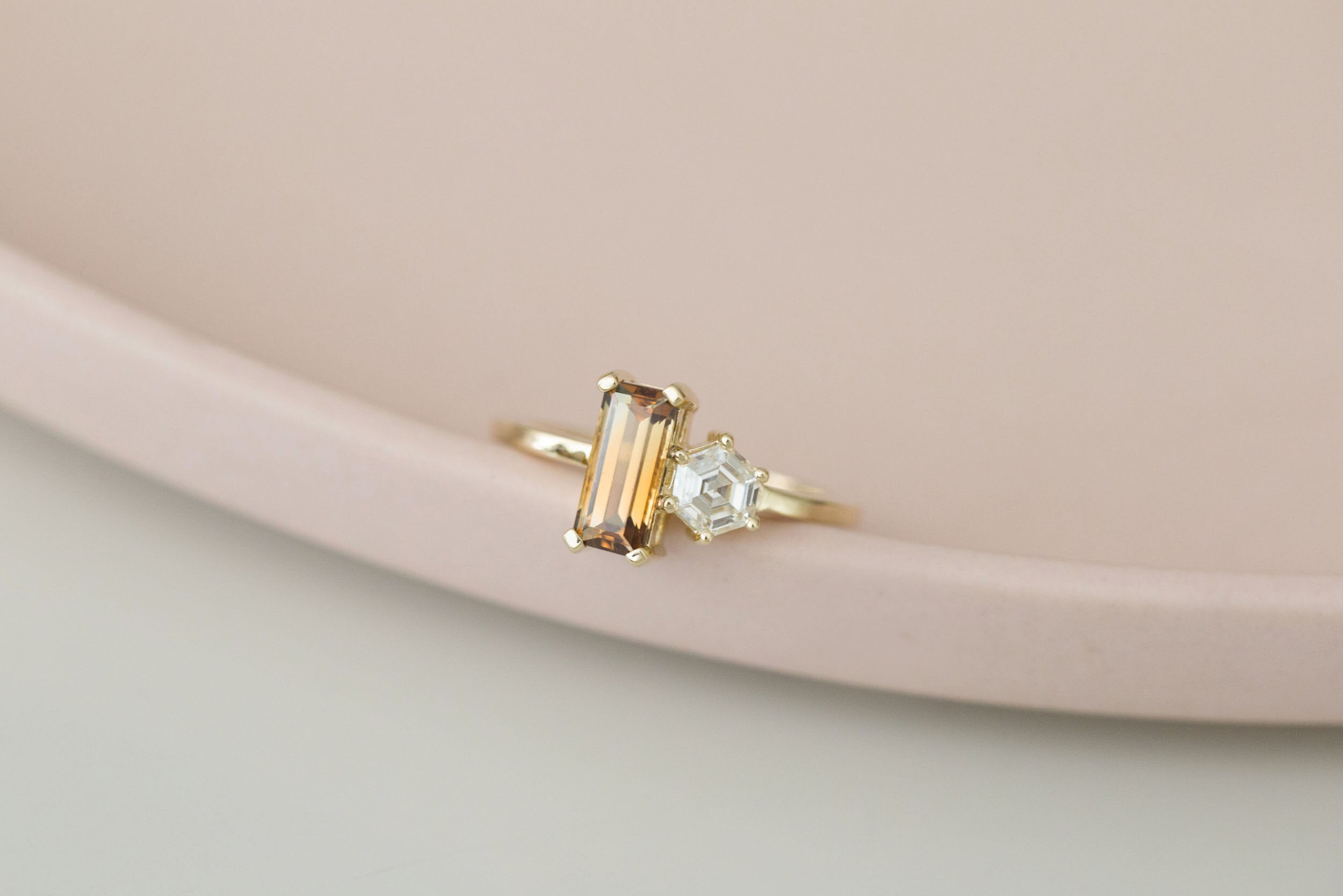 Liana Ring | Australian Bicolor Orange Sapphire + Antique Diamond Hexagon Engagement Ring | 14k Recycled Gold | One of a Kind