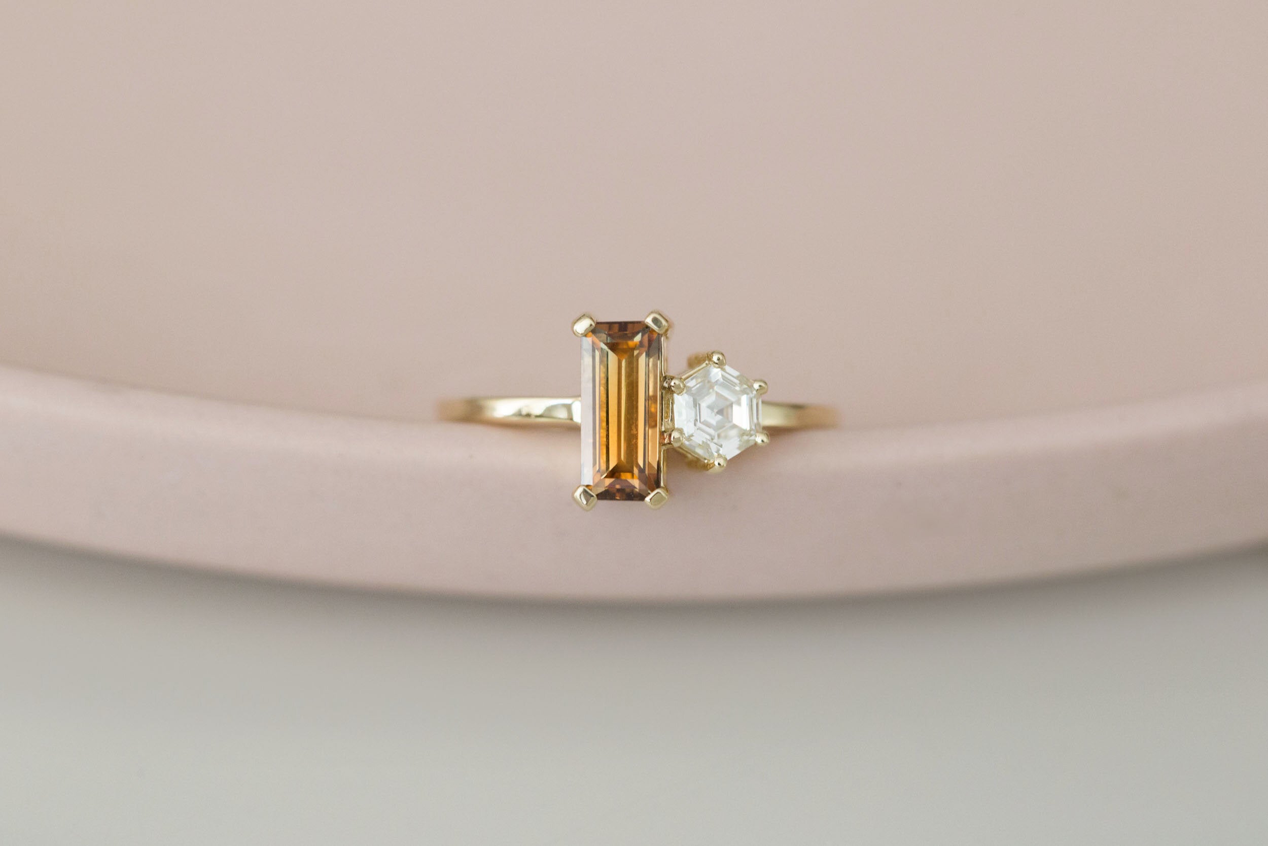 Liana Ring | Australian Bicolor Orange Sapphire + Antique Diamond Hexagon Engagement Ring | 14k Recycled Gold | One of a Kind