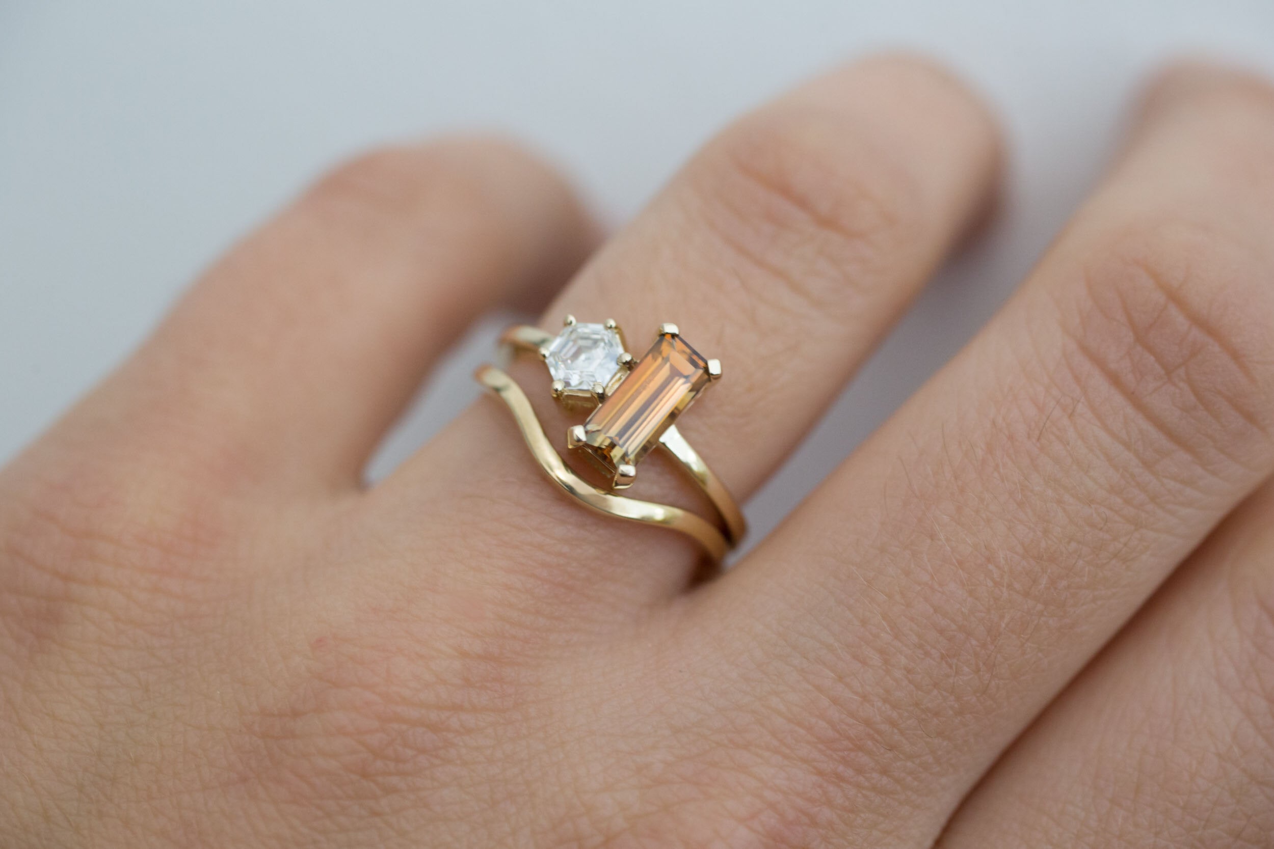 Liana Ring | Australian Bicolor Orange Sapphire + Antique Diamond Hexagon Engagement Ring | 14k Recycled Gold | One of a Kind
