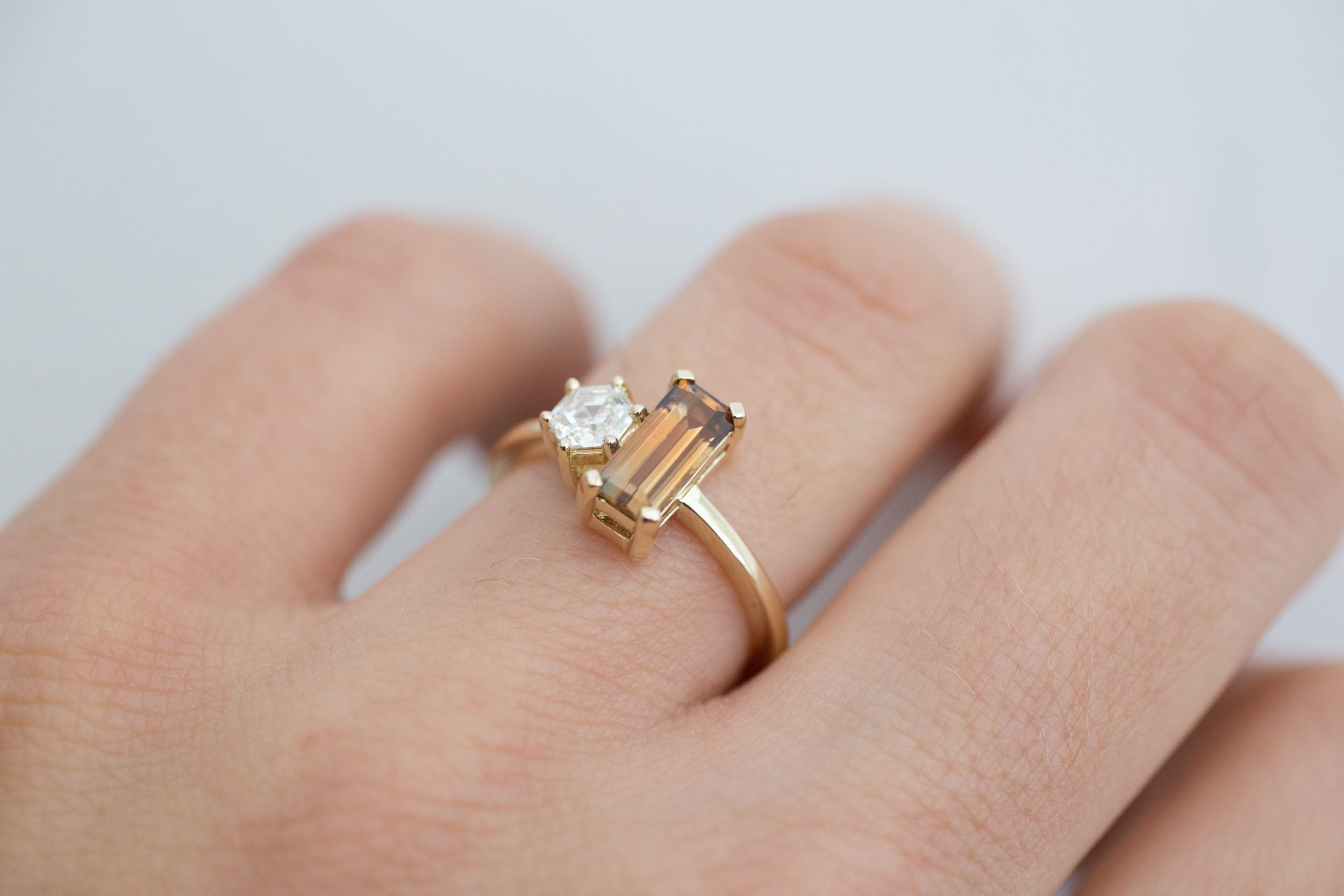 Liana Ring | Australian Bicolor Orange Sapphire + Antique Diamond Hexagon Engagement Ring | 14k Recycled Gold | One of a Kind