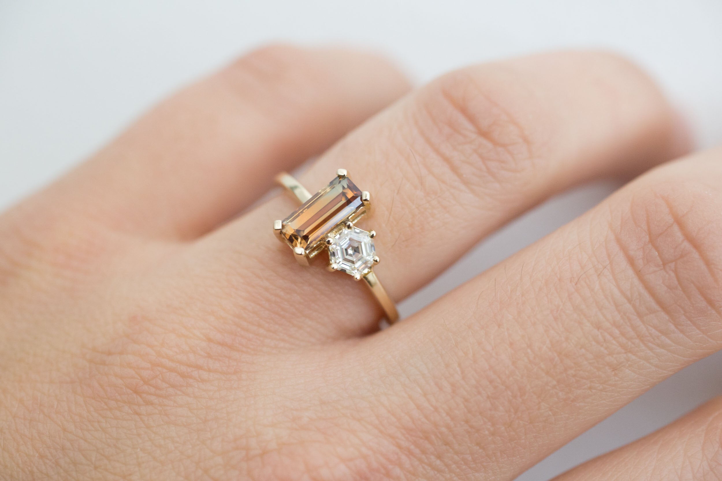 Liana Ring | Australian Bicolor Orange Sapphire + Antique Diamond Hexagon Engagement Ring | 14k Recycled Gold | One of a Kind