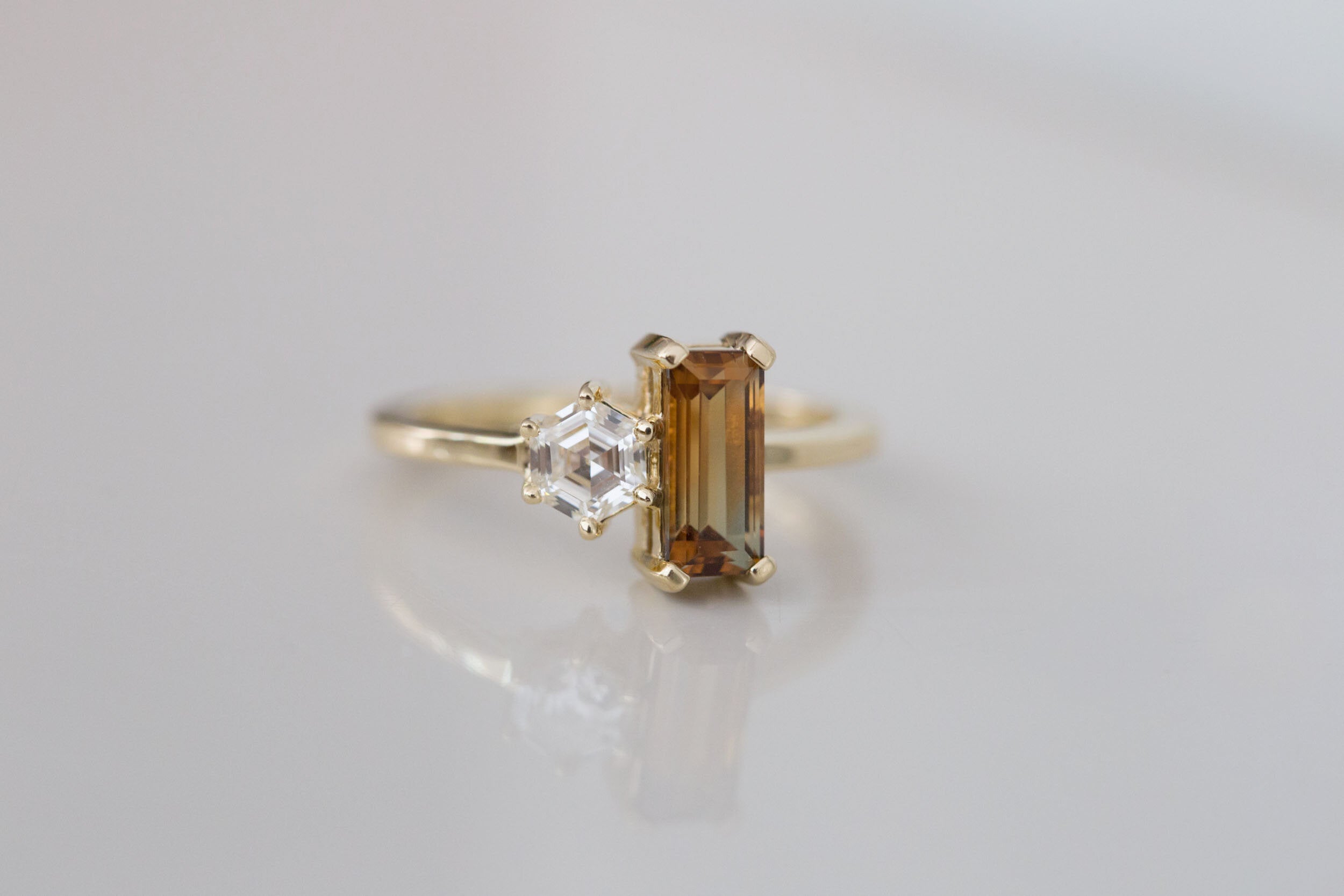 Liana Ring | Australian Bicolor Orange Sapphire + Antique Diamond Hexagon Engagement Ring | 14k Recycled Gold | One of a Kind