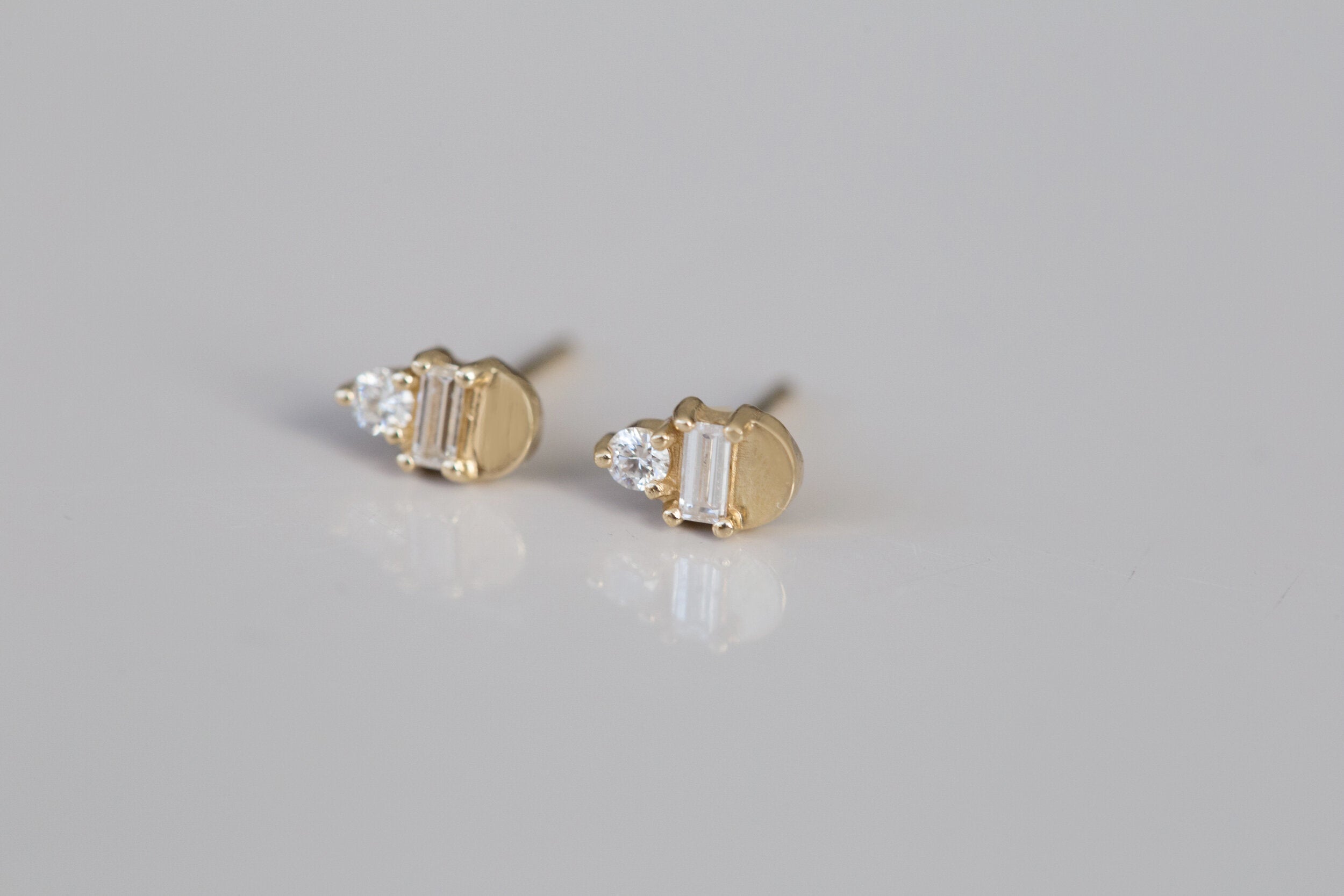 Baguette + Round Diamond Semicircle Earrings | 14k Recycled Gold