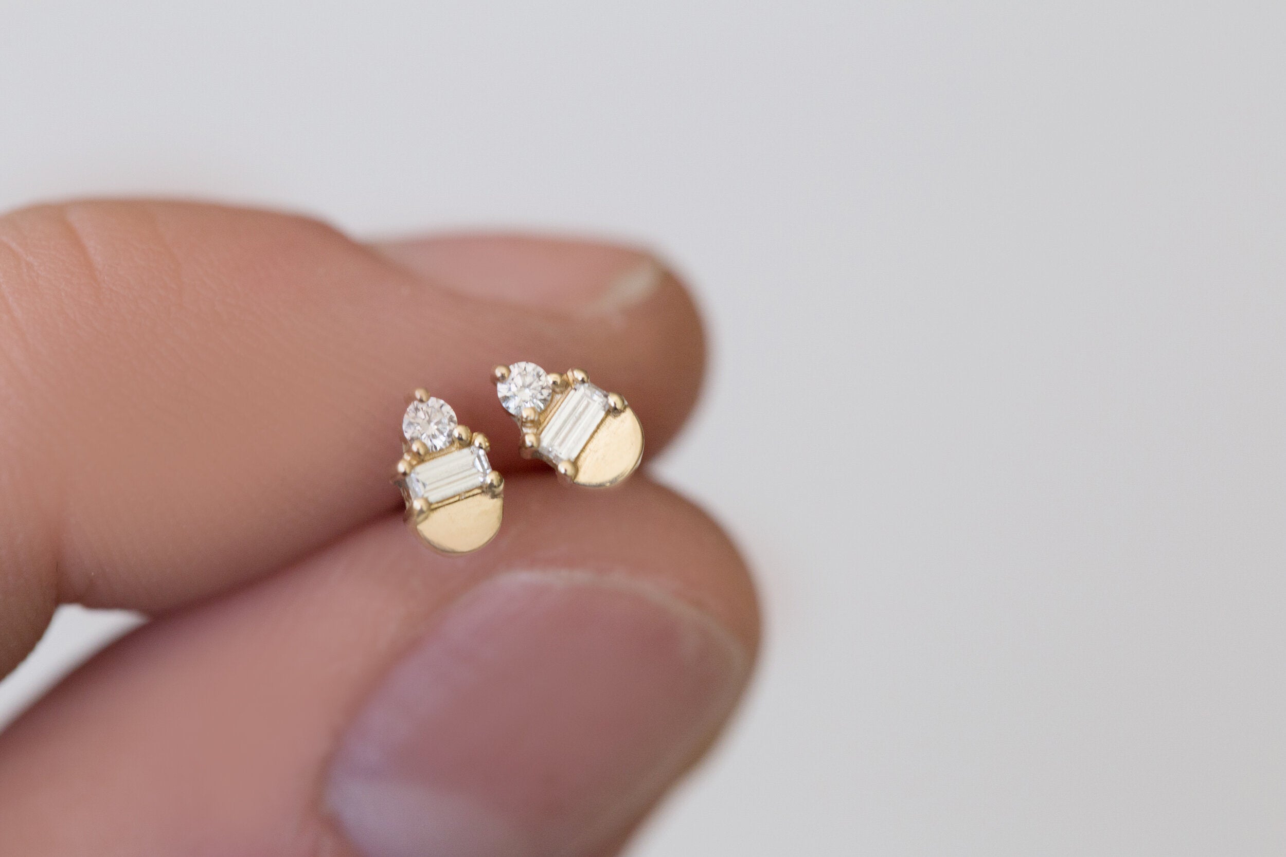 Baguette + Round Diamond Semicircle Earrings | 14k Recycled Gold