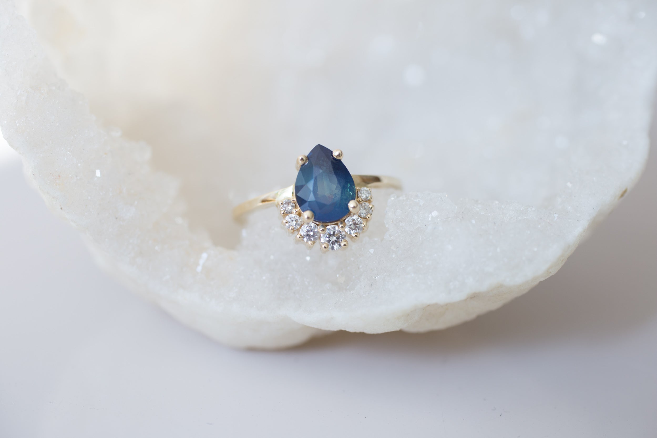 Laurel Ring | Bi Color Blue Sapphire Pear Cut + Diamond Cluster Engagement Ring | 14k Recycled Gold | One of a Kind