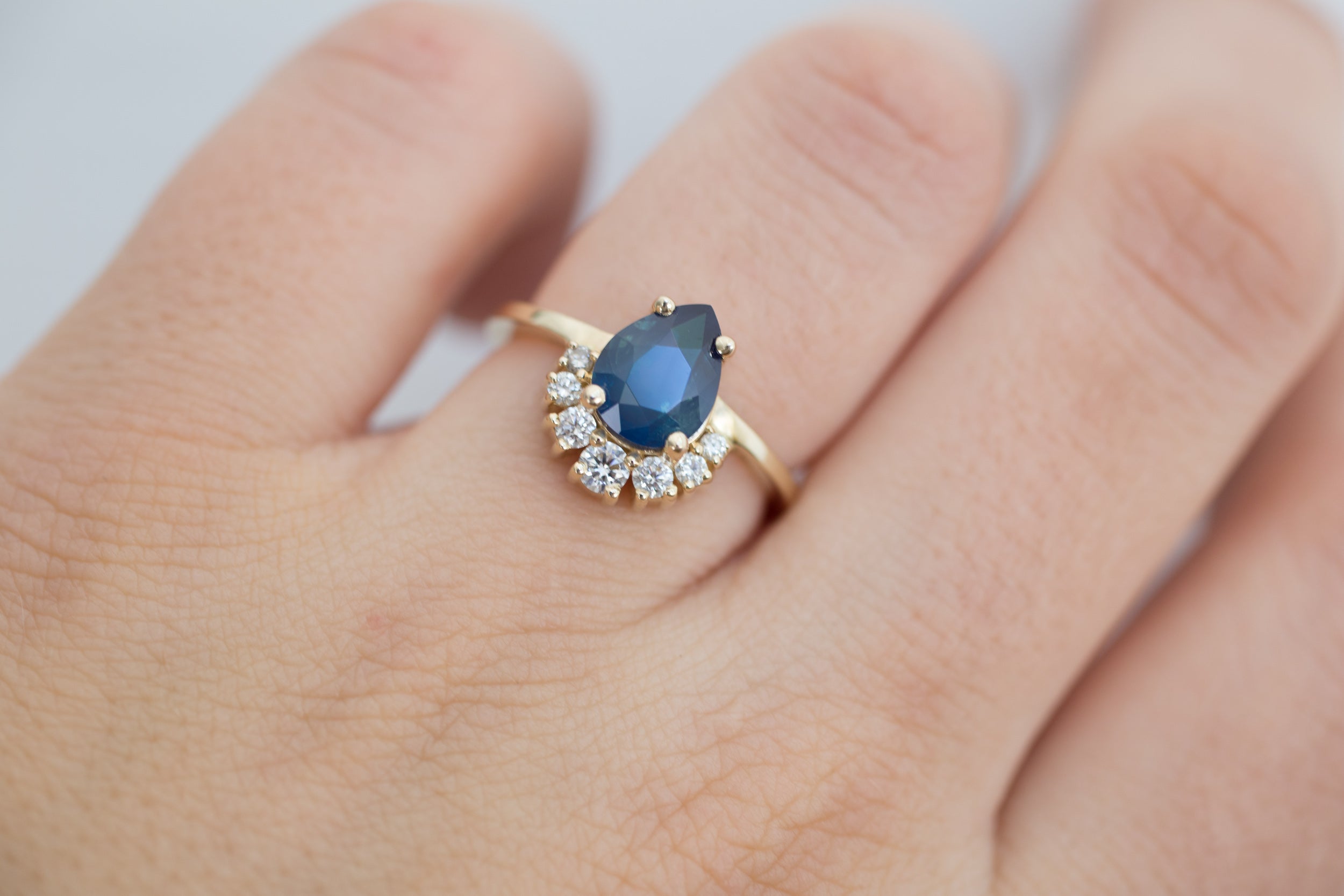 Laurel Ring | Bi Color Blue Sapphire Pear Cut + Diamond Cluster Engagement Ring | 14k Recycled Gold | One of a Kind