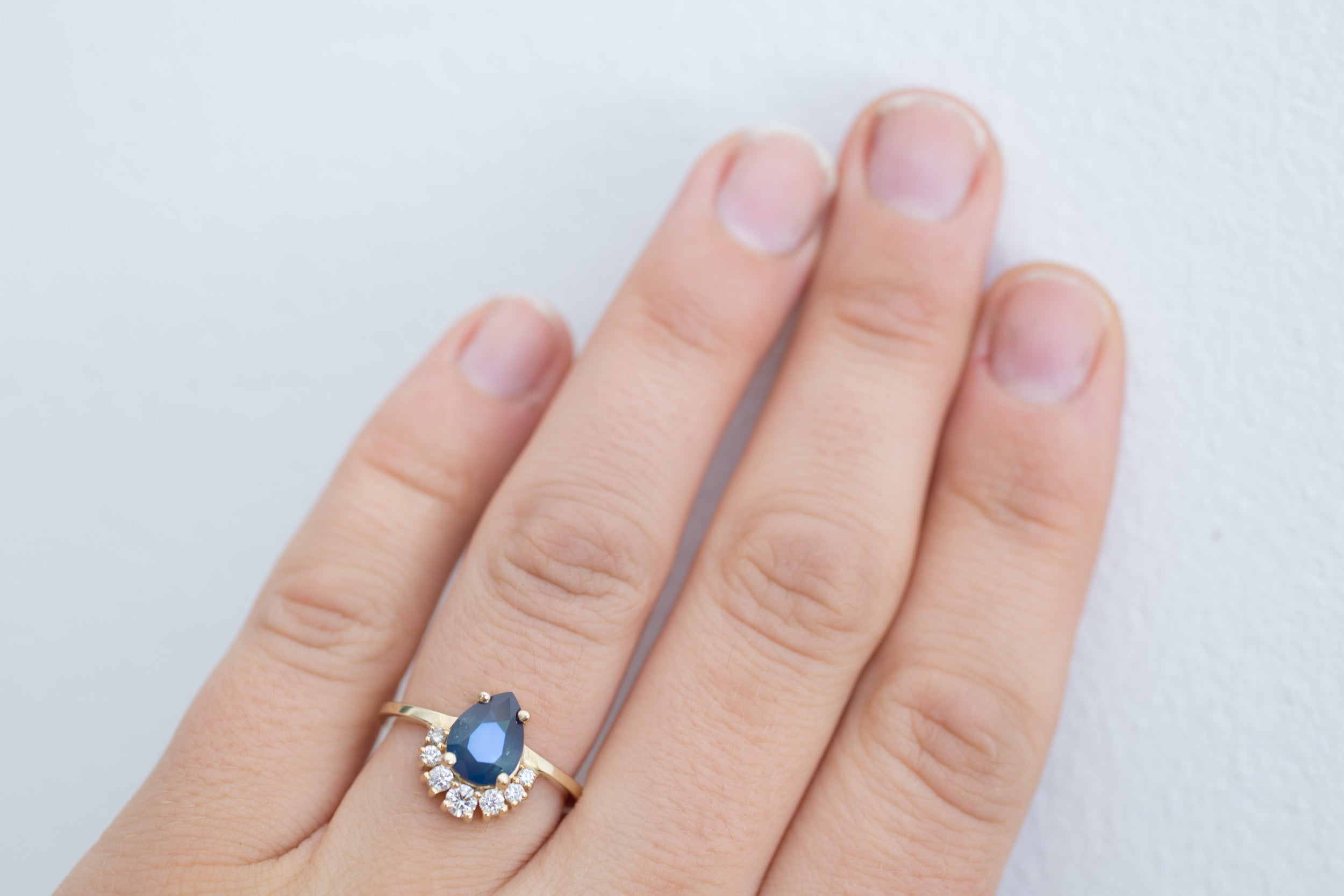 Laurel Ring | Bi Color Blue Sapphire Pear Cut + Diamond Cluster Engagement Ring | 14k Recycled Gold | One of a Kind