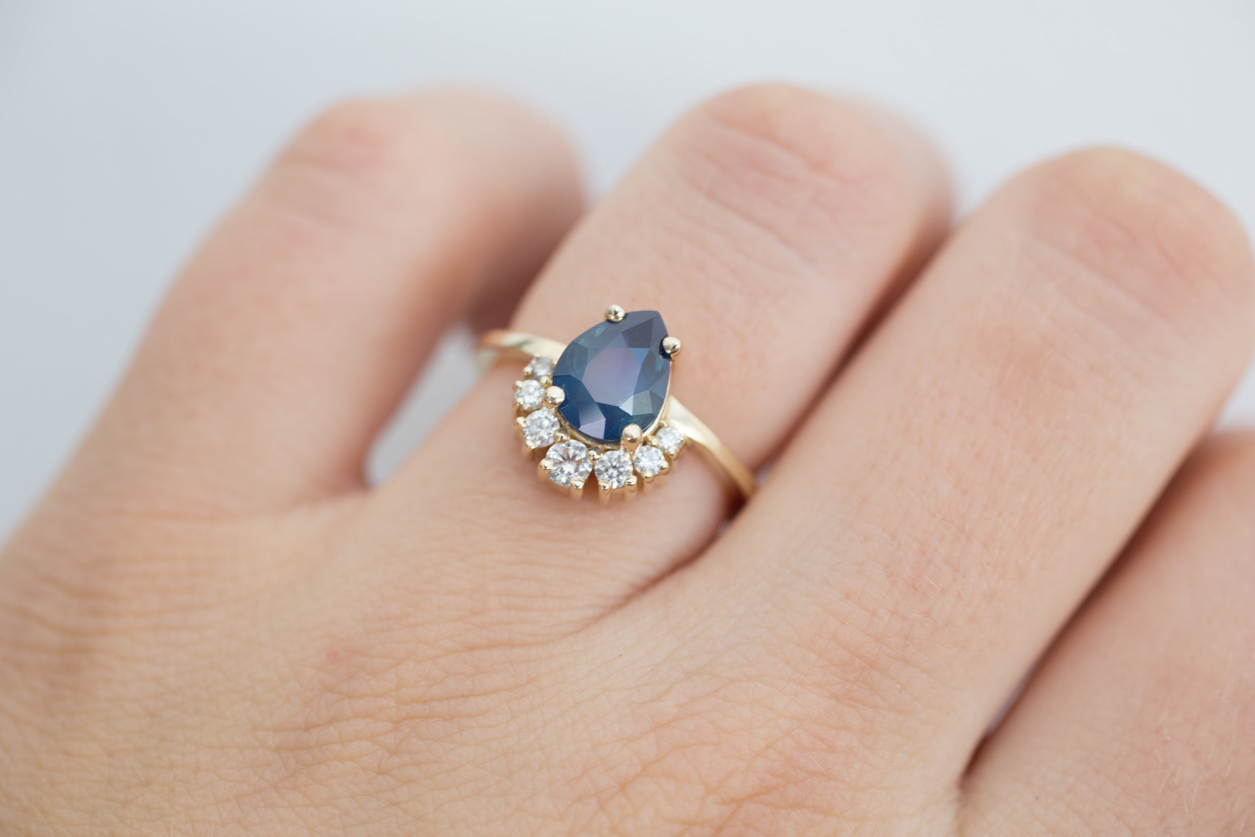 Laurel Ring | Bi Color Blue Sapphire Pear Cut + Diamond Cluster Engagement Ring | 14k Recycled Gold | One of a Kind