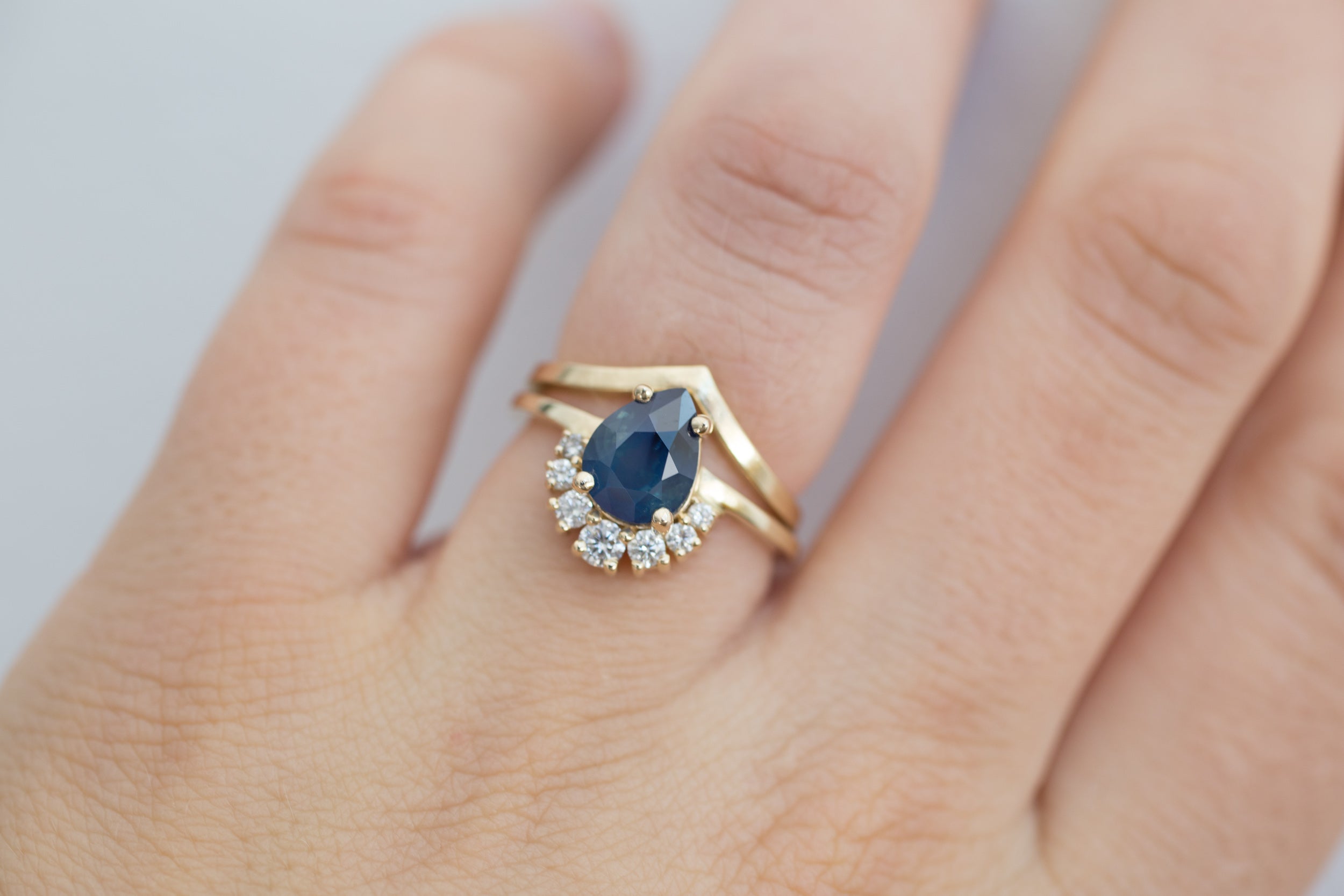 Laurel Ring | Bi Color Blue Sapphire Pear Cut + Diamond Cluster Engagement Ring | 14k Recycled Gold | One of a Kind