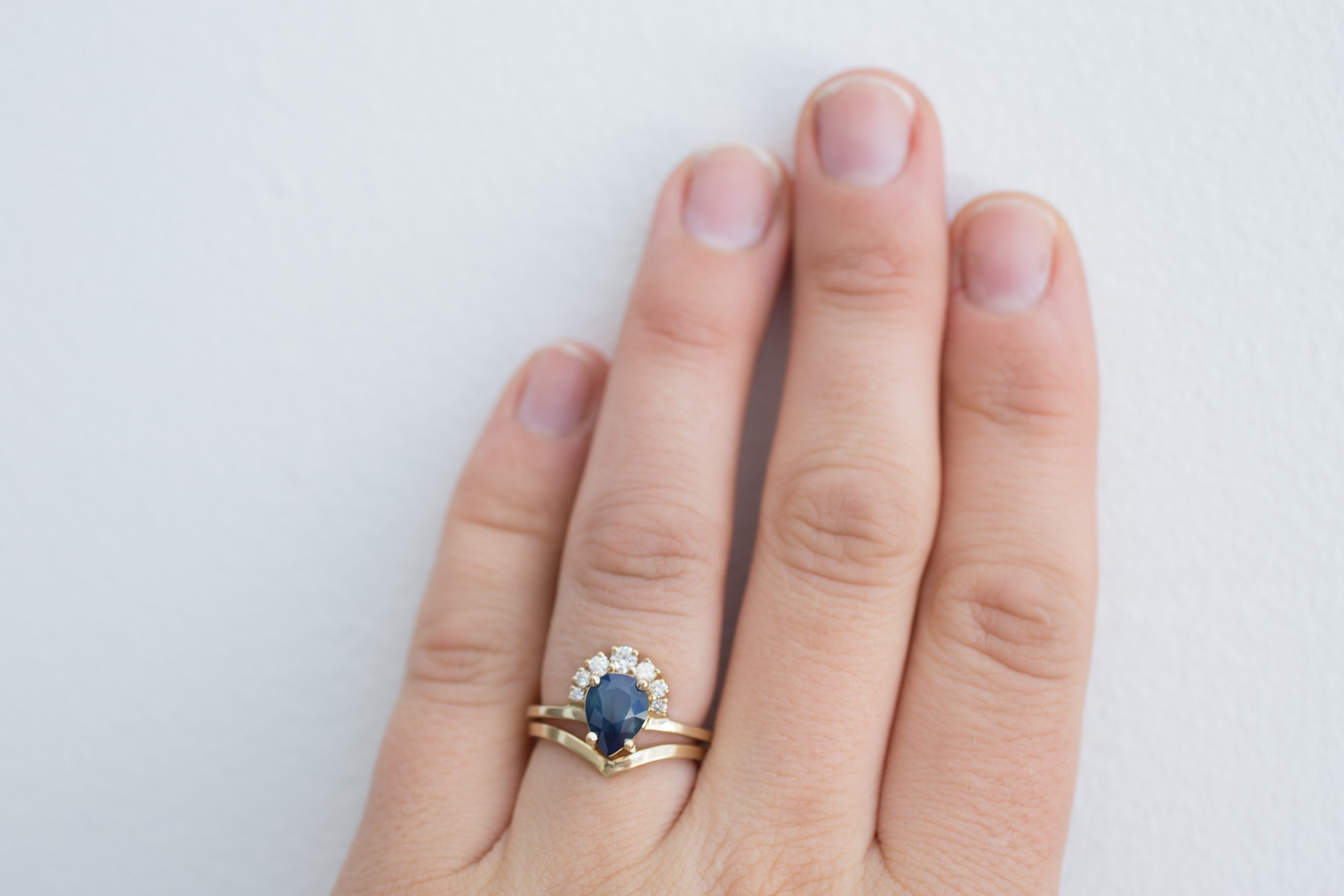 Laurel Ring | Bi Color Blue Sapphire Pear Cut + Diamond Cluster Engagement Ring | 14k Recycled Gold | One of a Kind