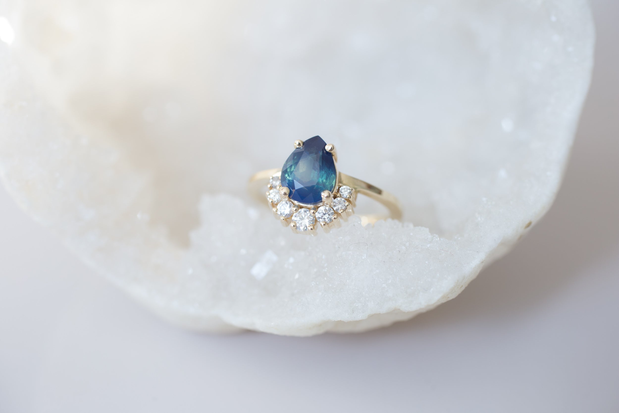 Laurel Ring | Bi Color Blue Sapphire Pear Cut + Diamond Cluster Engagement Ring | 14k Recycled Gold | One of a Kind