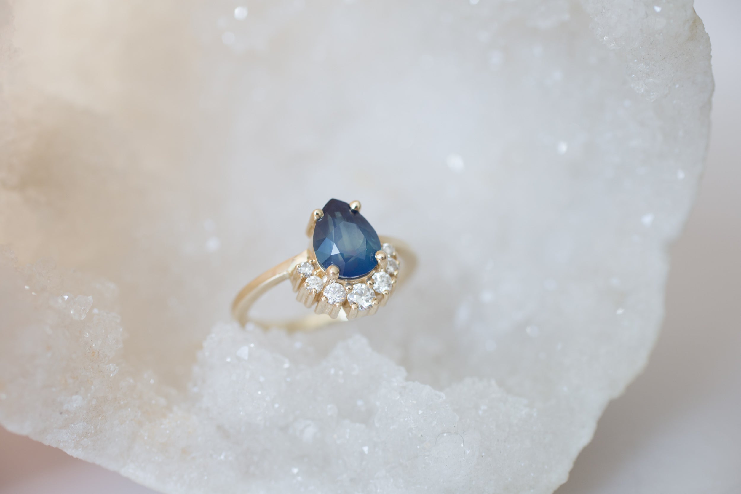 Laurel Ring | Bi Color Blue Sapphire Pear Cut + Diamond Cluster Engagement Ring | 14k Recycled Gold | One of a Kind