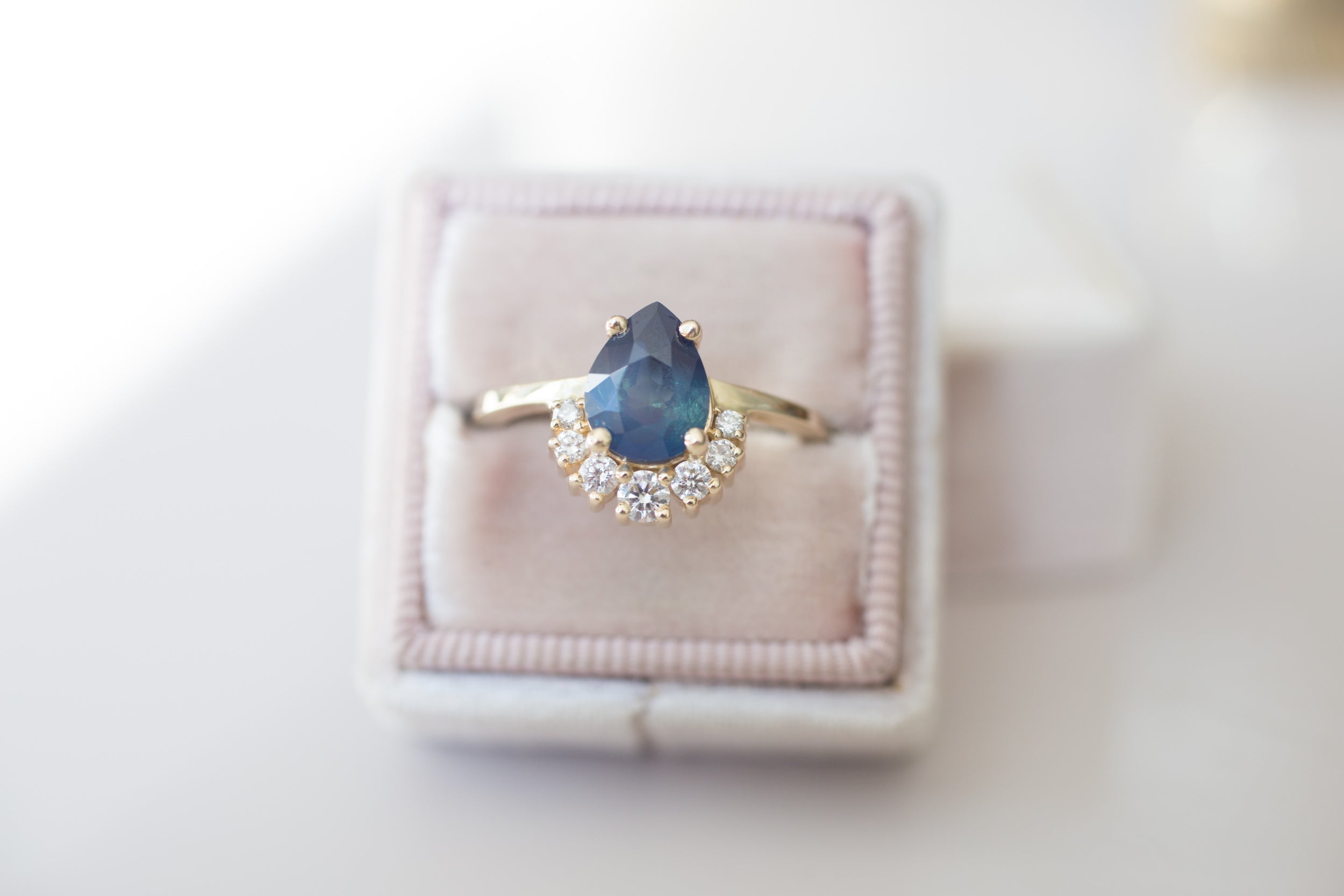 Laurel Ring | Bi Color Blue Sapphire Pear Cut + Diamond Cluster Engagement Ring | 14k Recycled Gold | One of a Kind