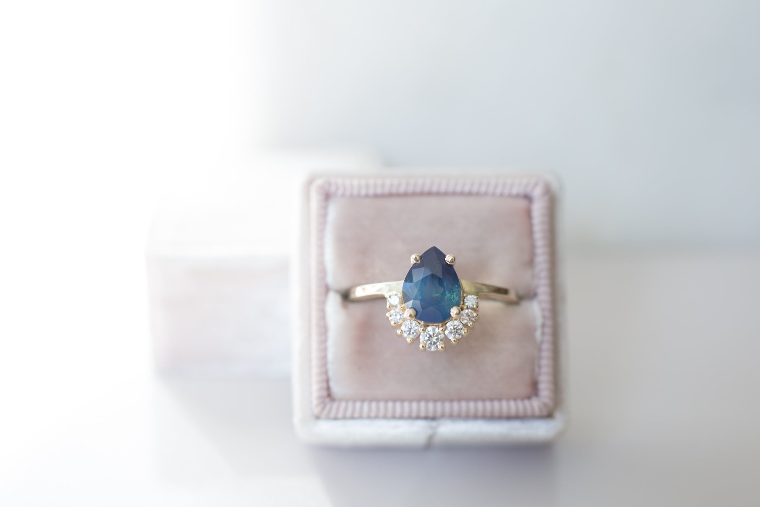 Laurel Ring | Bi Color Blue Sapphire Pear Cut + Diamond Cluster Engagement Ring | 14k Recycled Gold | One of a Kind