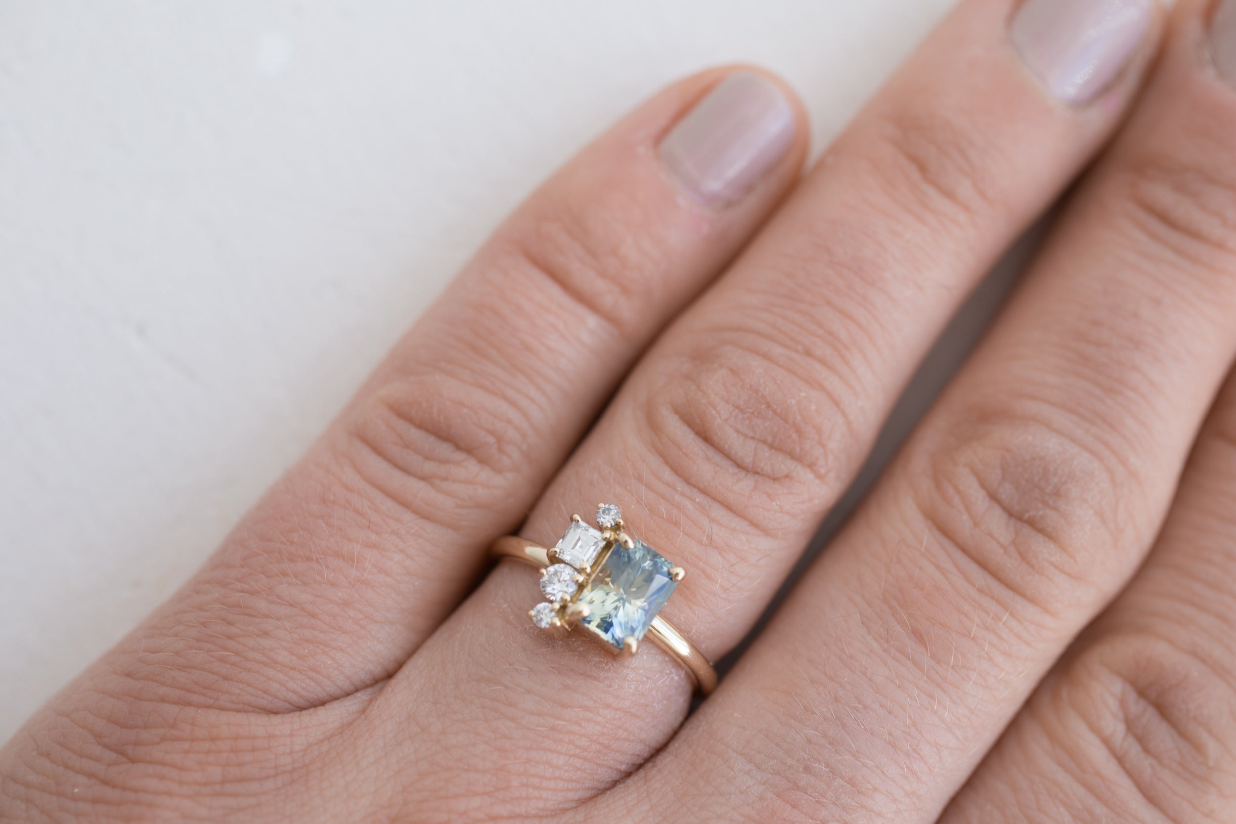 Bi–color Blue Yellow Sapphire + Diamond Cluster Engagement Ring | 14k Recycled Gold | One of a Kind