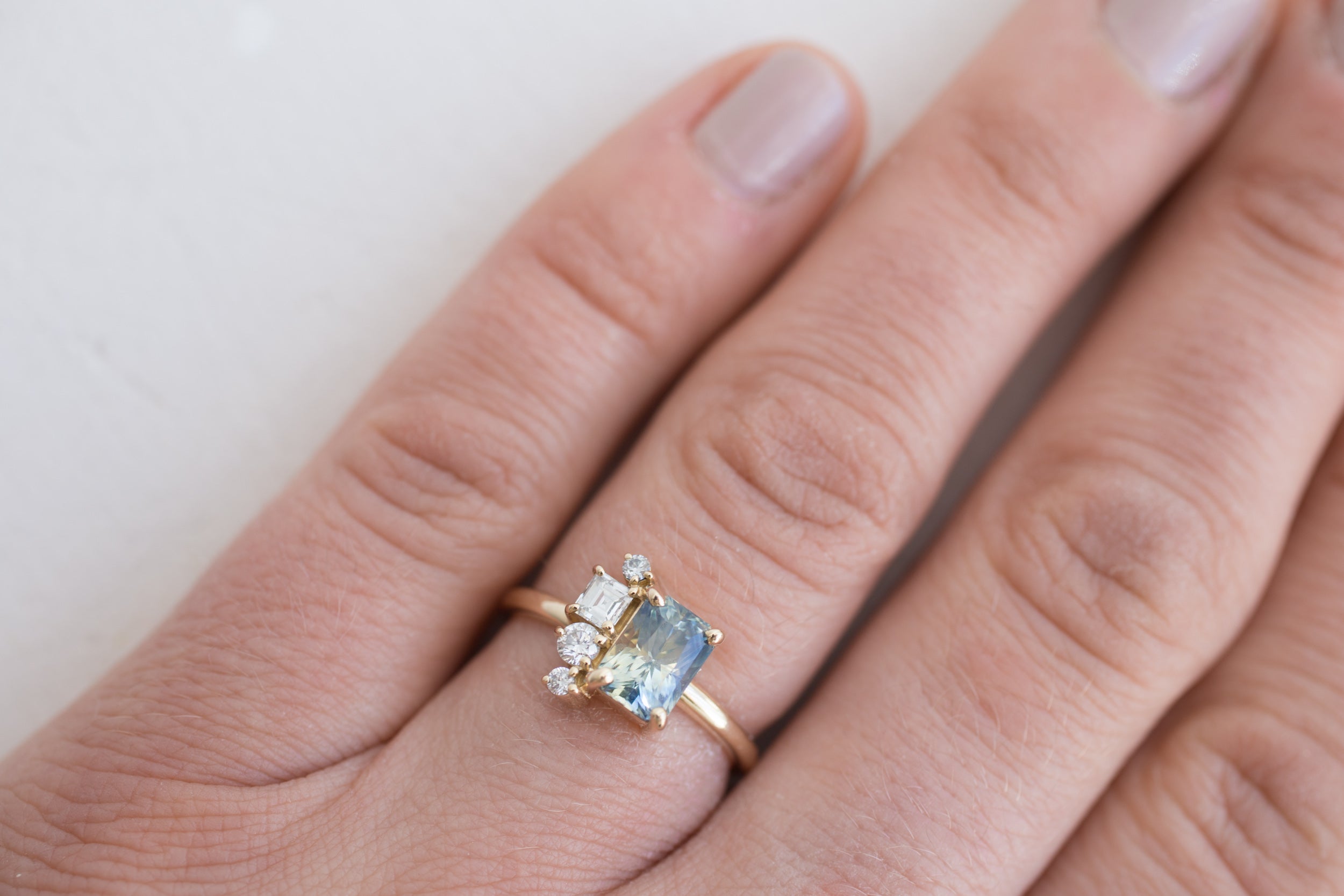 Bi–color Blue Yellow Sapphire + Diamond Cluster Engagement Ring | 14k Recycled Gold | One of a Kind