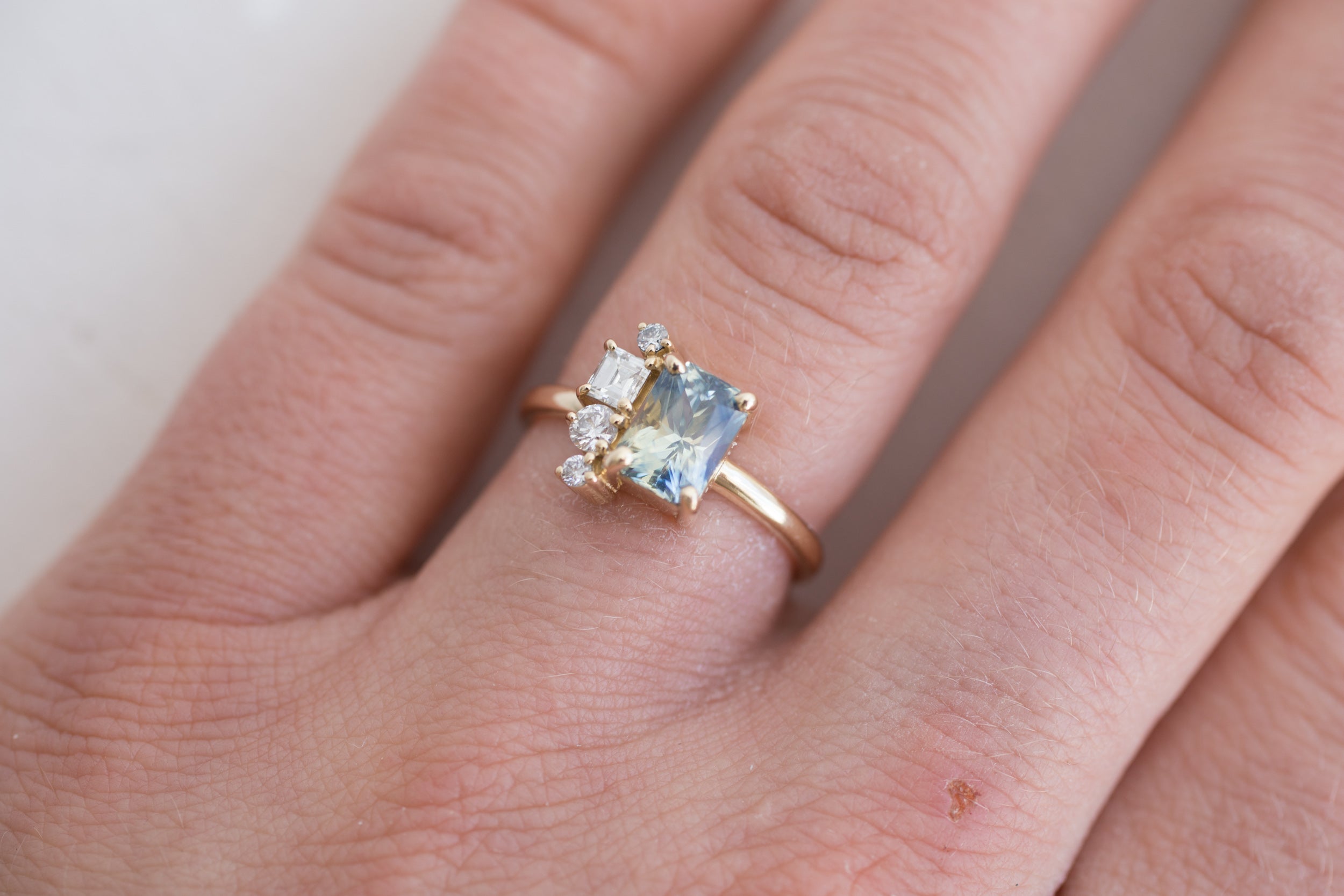 Bi–color Blue Yellow Sapphire + Diamond Cluster Engagement Ring | 14k Recycled Gold | One of a Kind