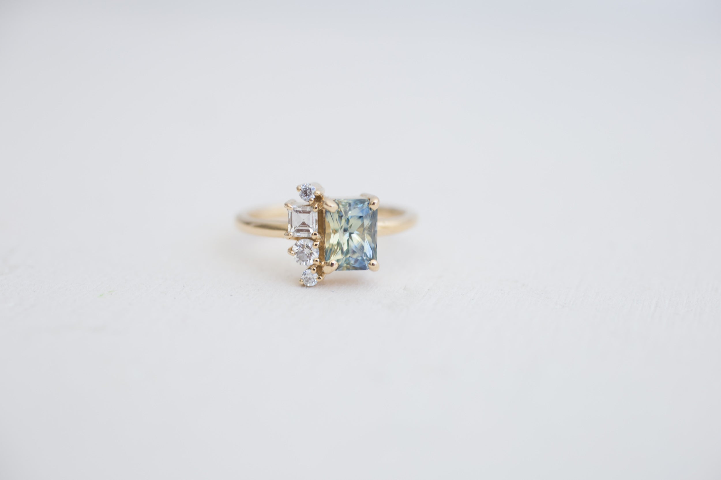Bi–color Blue Yellow Sapphire + Diamond Cluster Engagement Ring | 14k Recycled Gold | One of a Kind