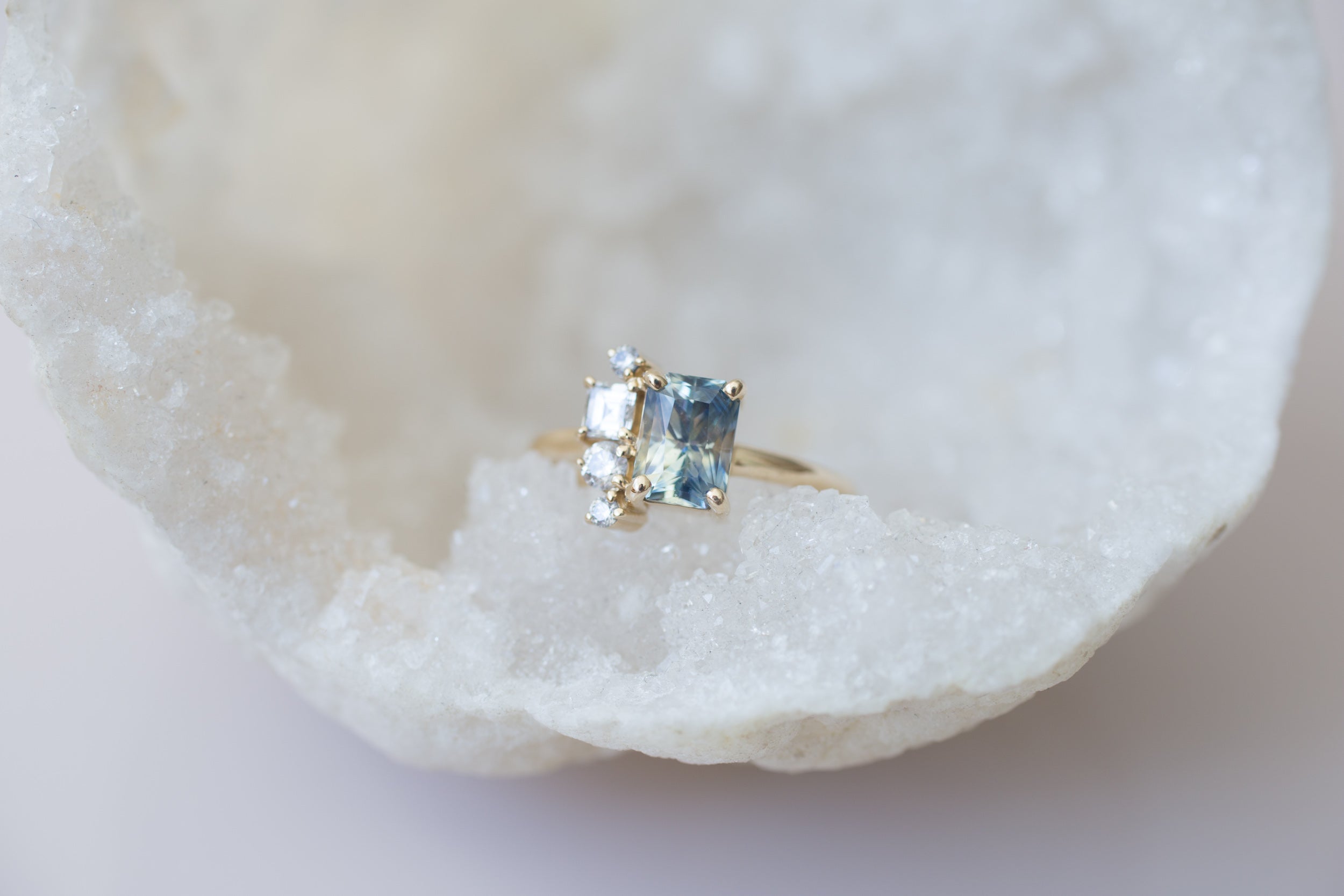Bi–color Blue Yellow Sapphire + Diamond Cluster Engagement Ring | 14k Recycled Gold | One of a Kind