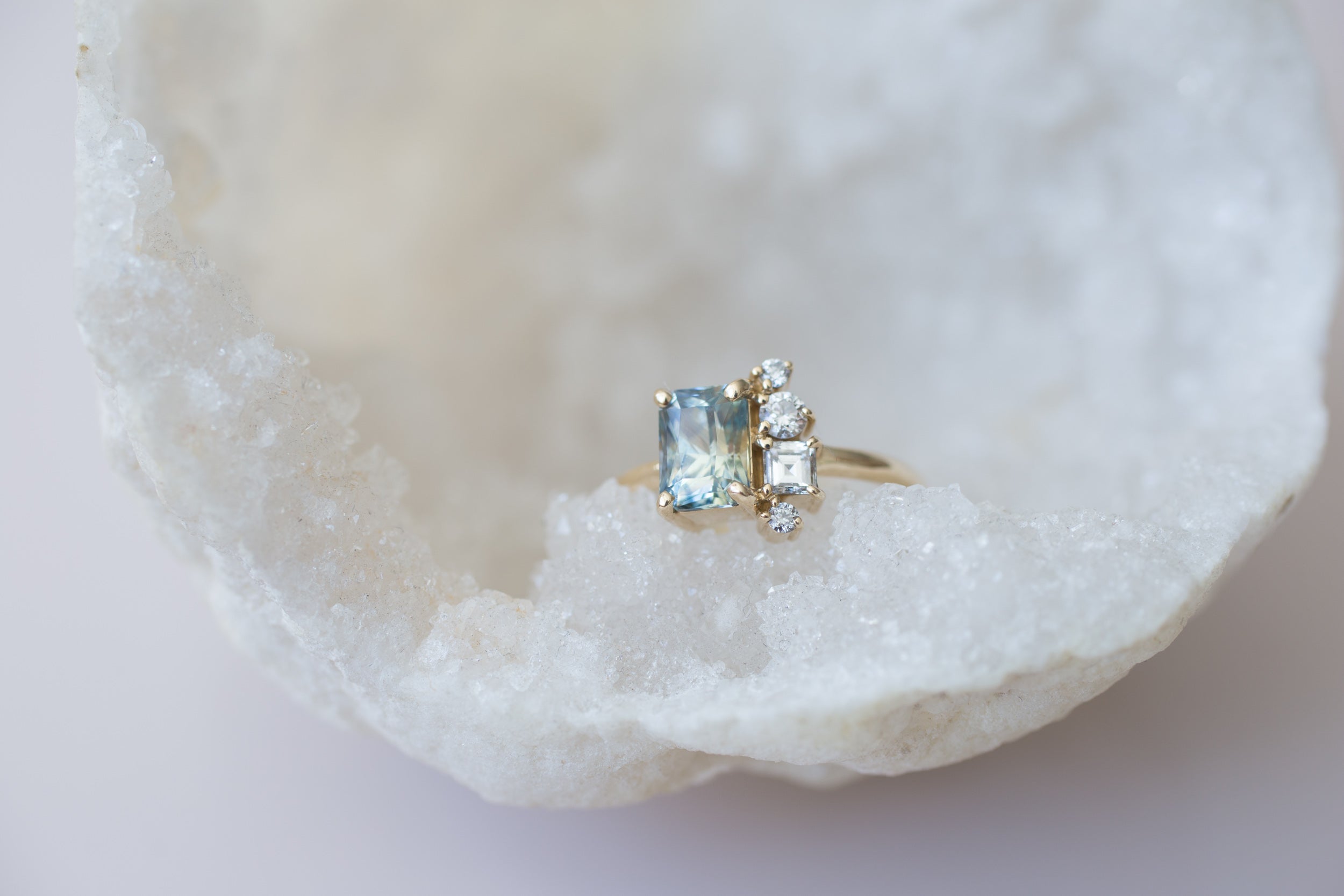 Bi–color Blue Yellow Sapphire + Diamond Cluster Engagement Ring | 14k Recycled Gold | One of a Kind