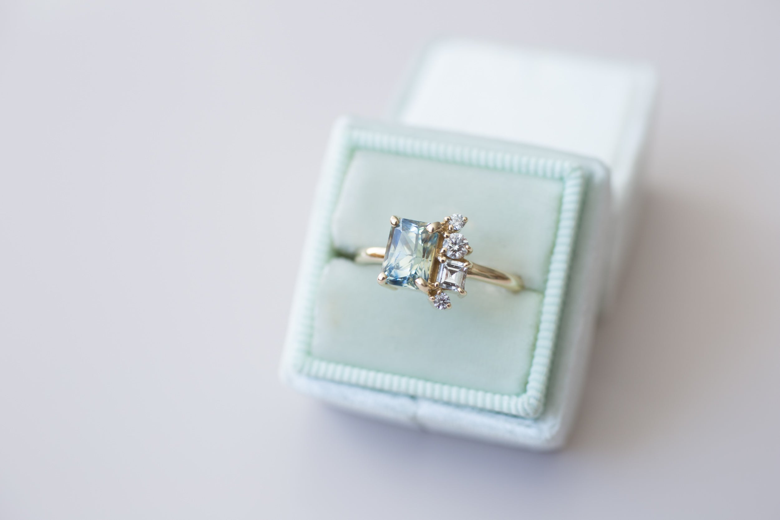 Bi–color Blue Yellow Sapphire + Diamond Cluster Engagement Ring | 14k Recycled Gold | One of a Kind