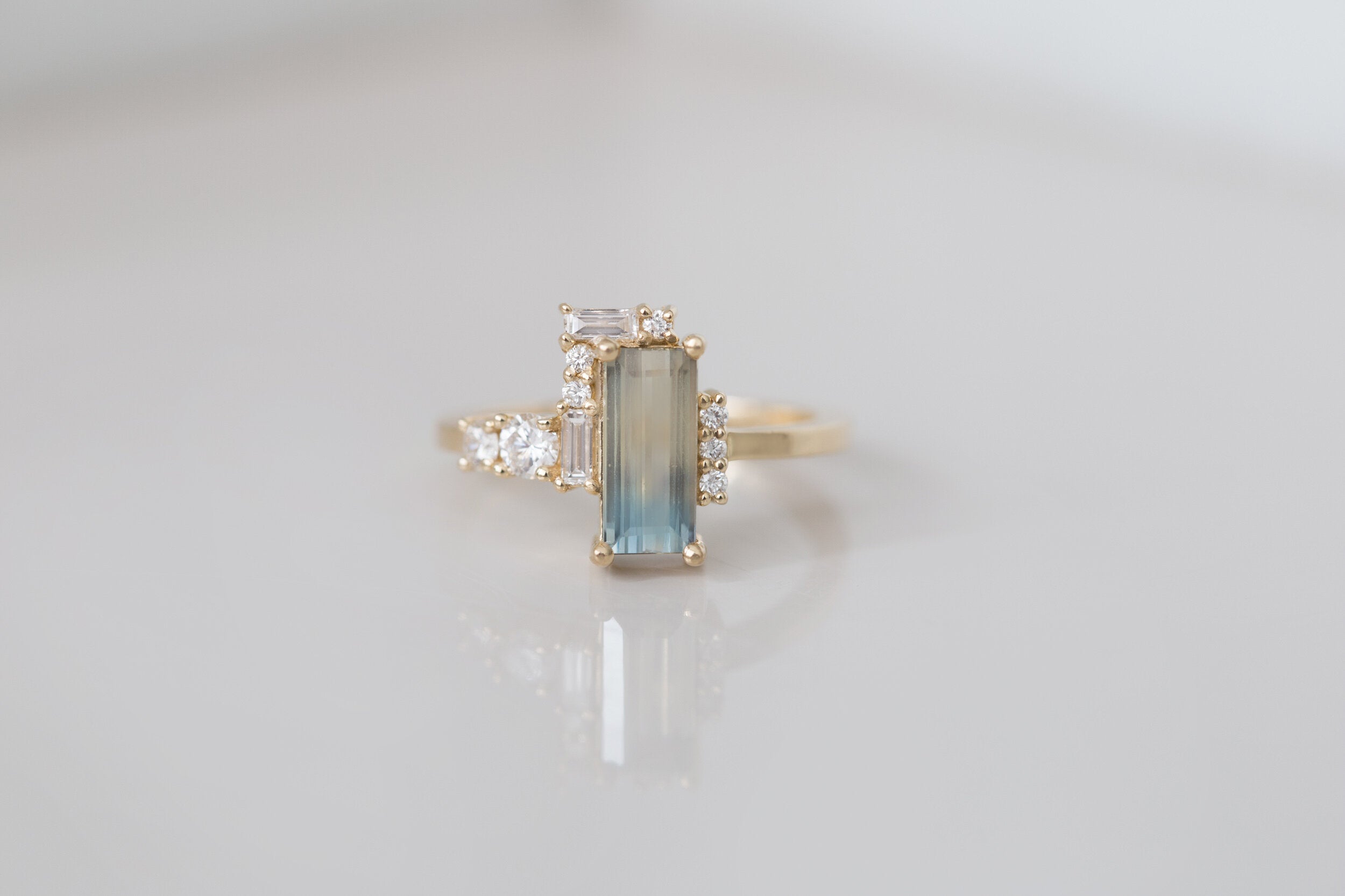 Bicolor Sapphire + Baguette and Round Diamond Semi Halo Cluster Engagement Ring | 14k Recycled Gold | One of a Kind