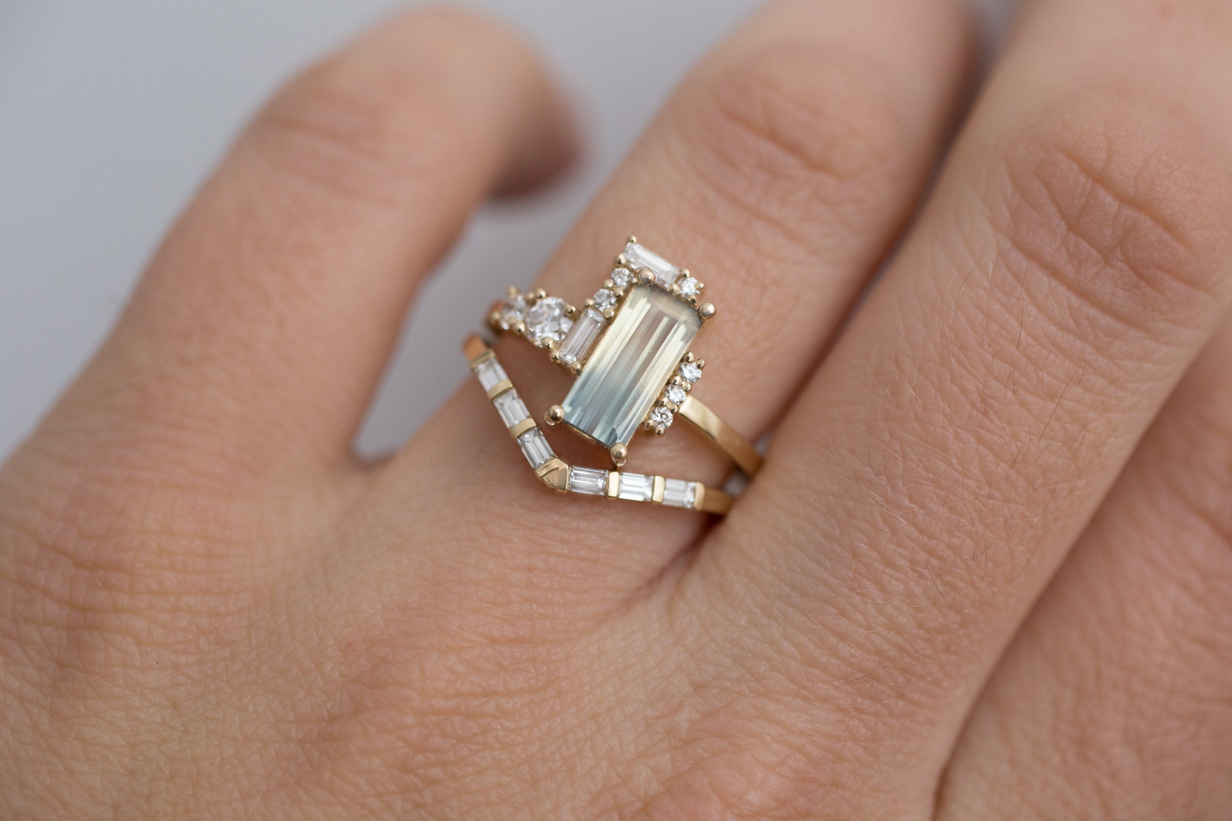 Bicolor Sapphire + Baguette and Round Diamond Semi Halo Cluster Engagement Ring | 14k Recycled Gold | One of a Kind